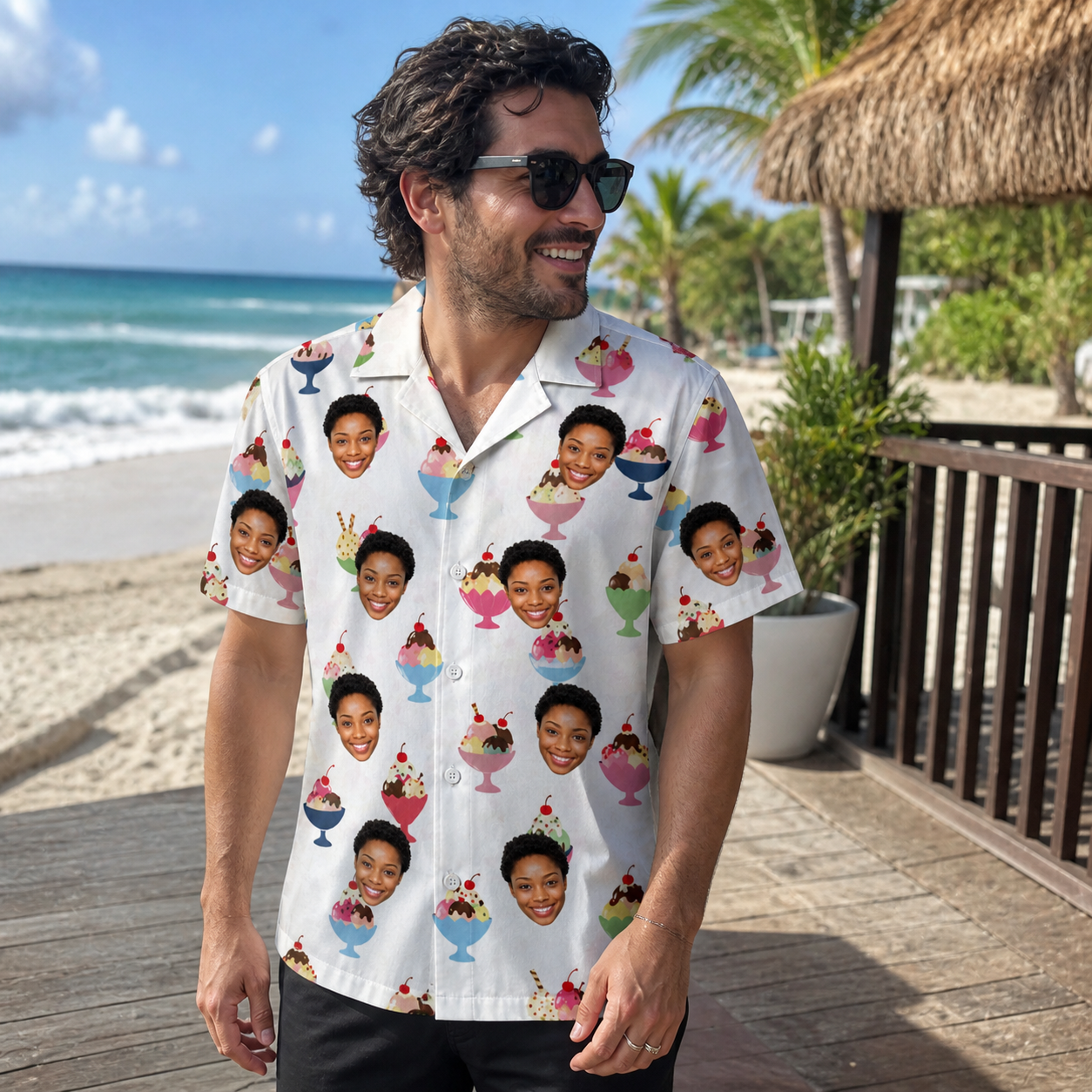 Real-life photo of someone wearing Men's Wishful Scoops Custom Face Hawaiian Shirt — custom faces printed all-over