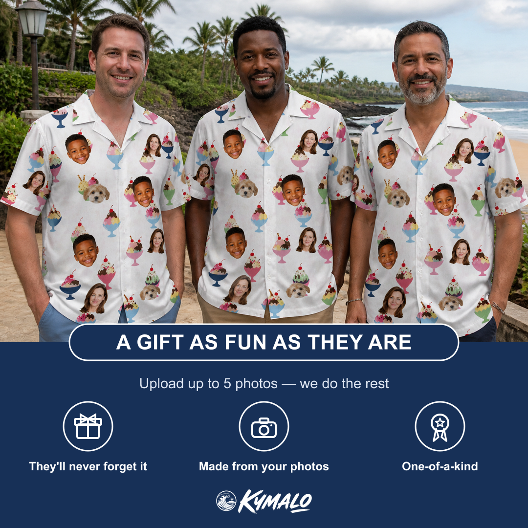 Friends in matching Men's Wishful Scoops Custom Face Hawaiian Shirt — a group gift photo