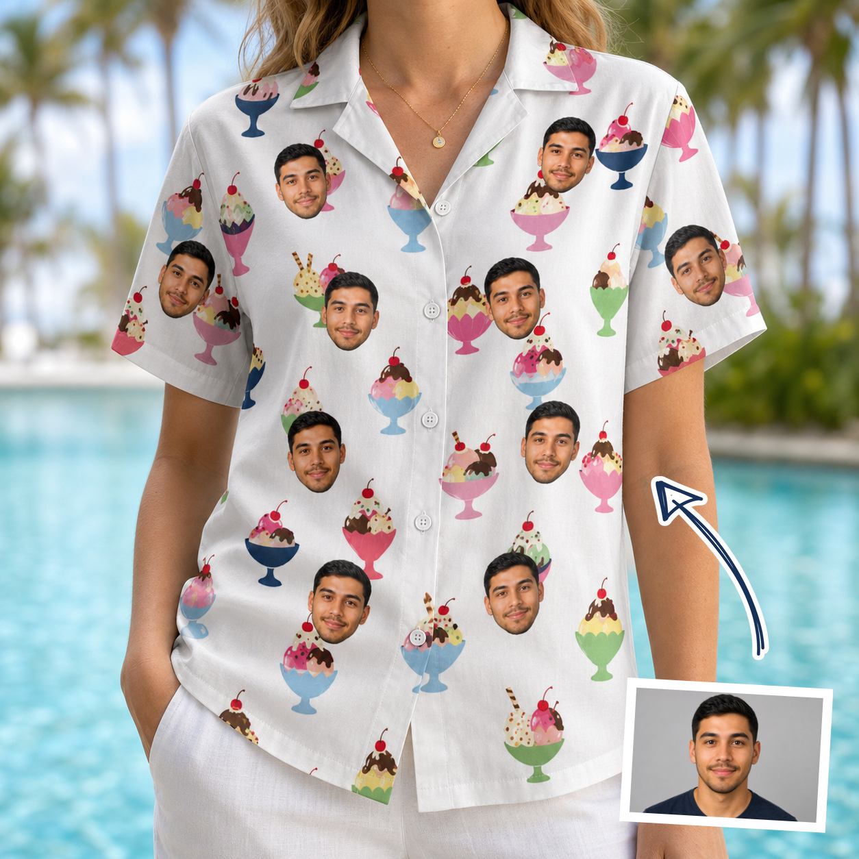Woman wearing Women's Wishful Scoops Custom Face Hawaiian Shirt — custom faces printed all-over
