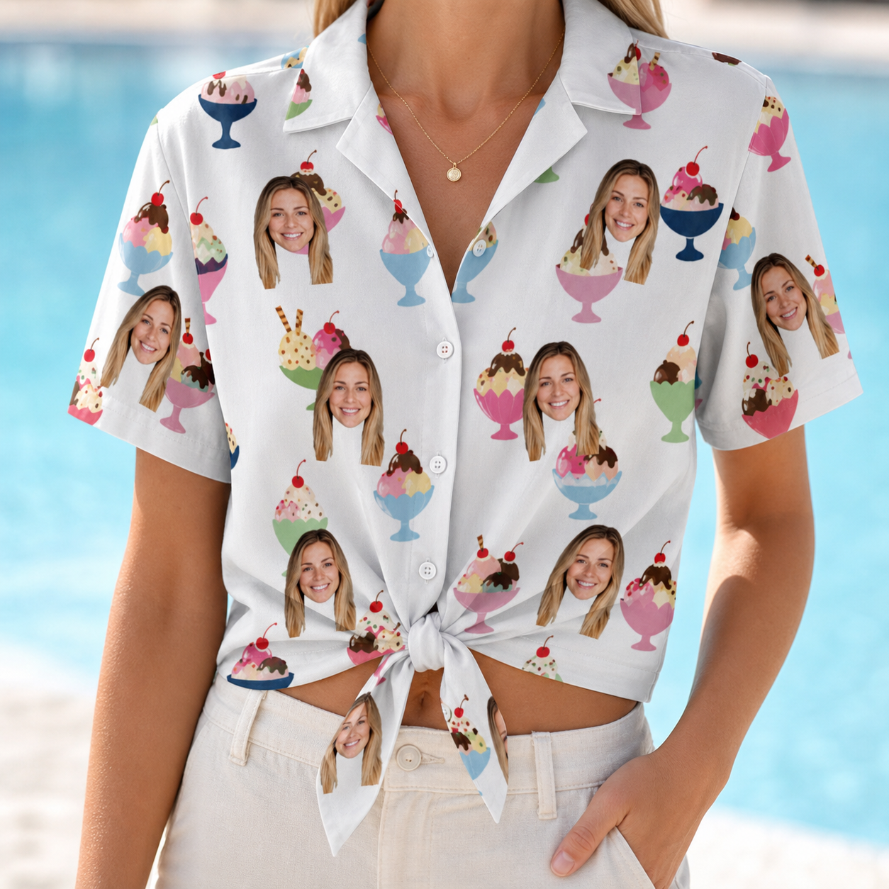 Woman wearing Women's Wishful Scoops Custom Face Hawaiian Shirt tied at the waist