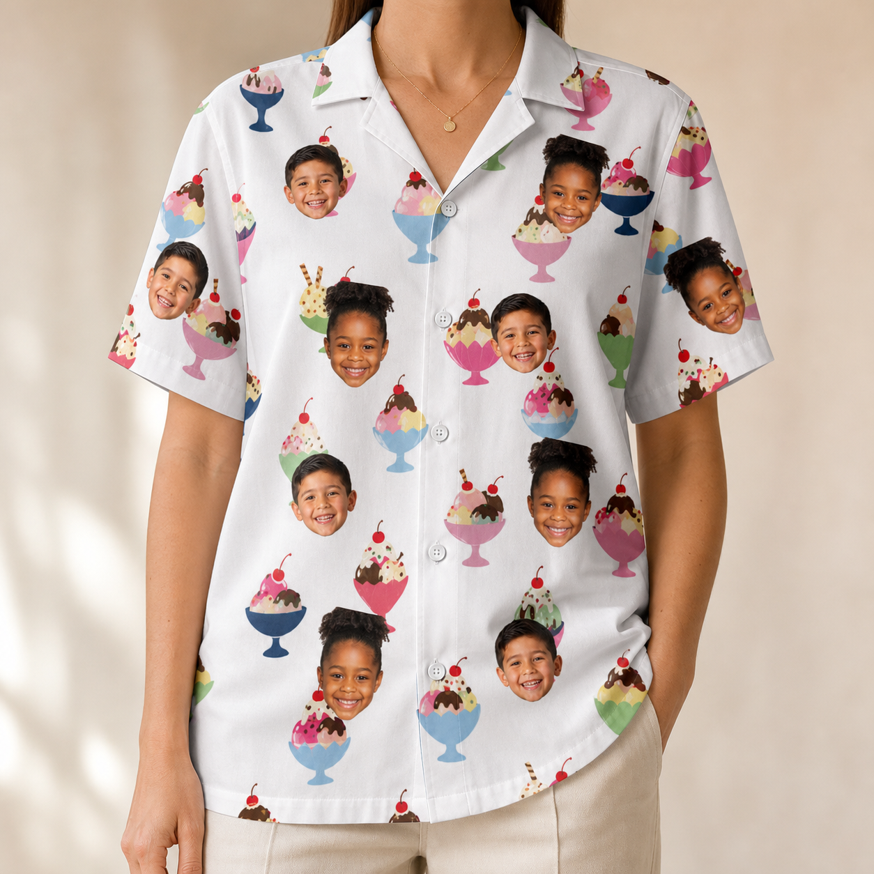 Model wearing Women's Wishful Scoops Custom Face Hawaiian Shirt printed with kids' faces