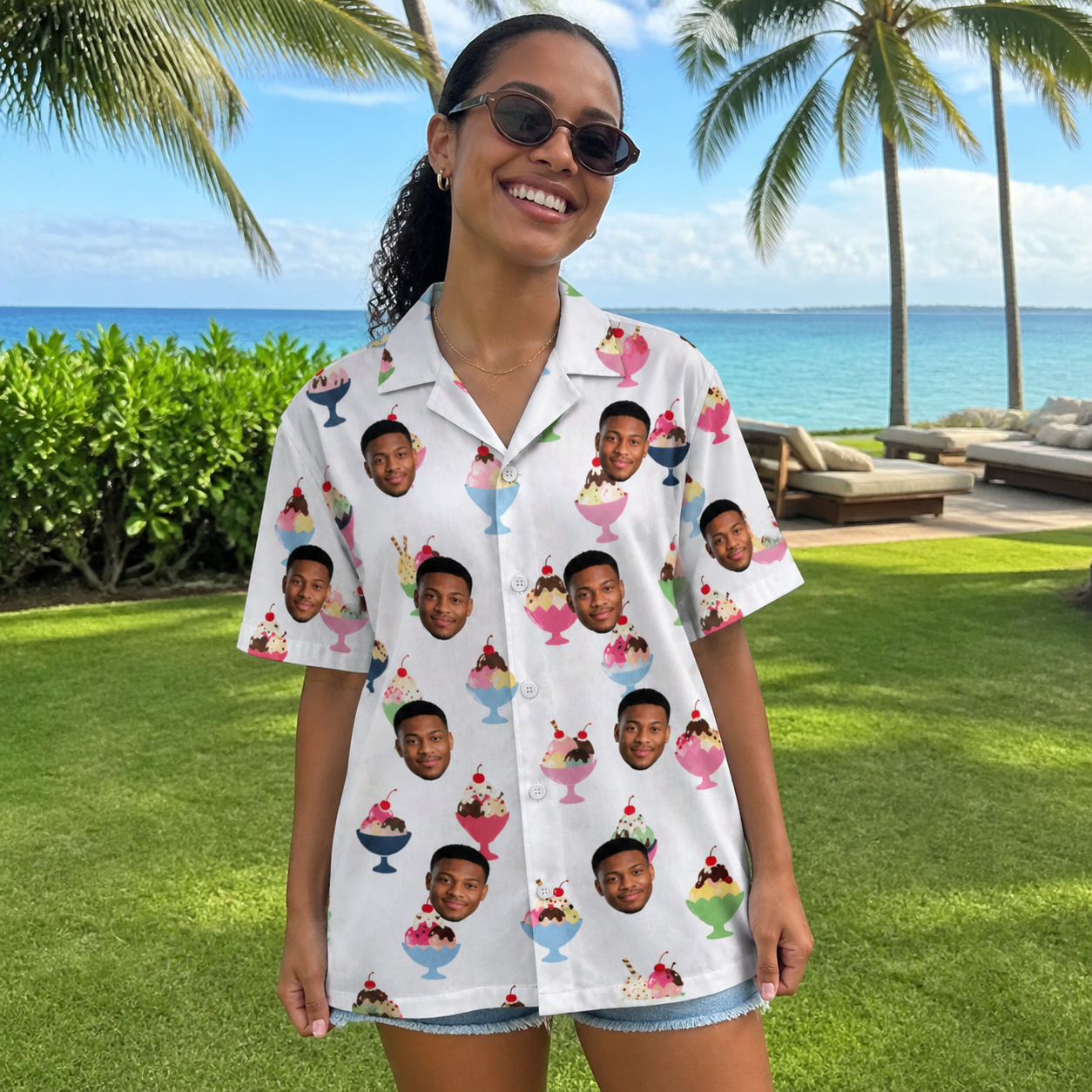 Real-life photo of someone wearing Women's Wishful Scoops Custom Face Hawaiian Shirt — custom faces printed all-over