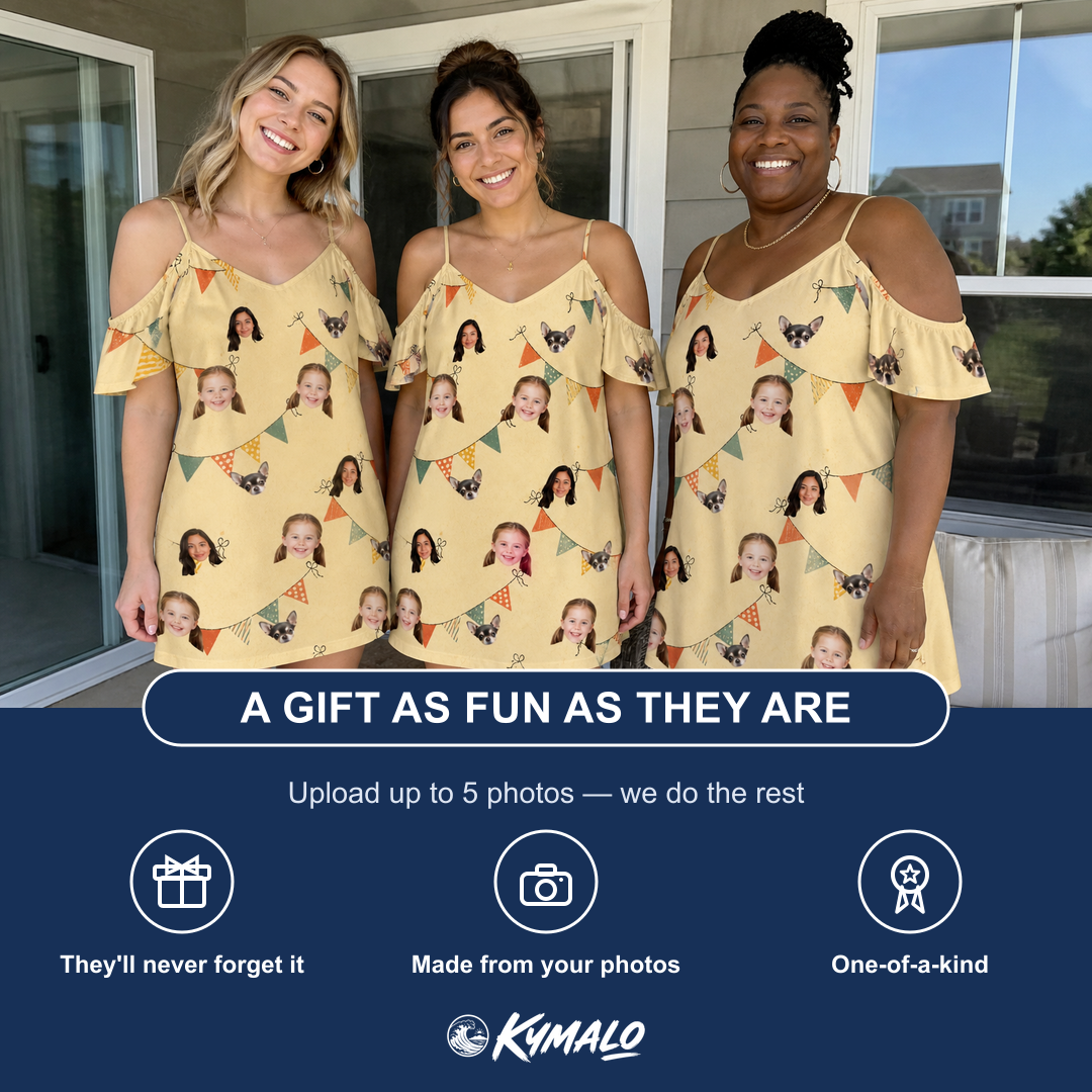Friends in matching Women's Candle Confetti Custom Face Off-Shoulder Dress — a group gift photo