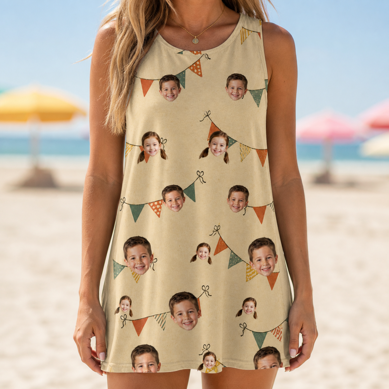 Model wearing Women's Candle Confetti Custom Face Tank Dress printed with kids' faces