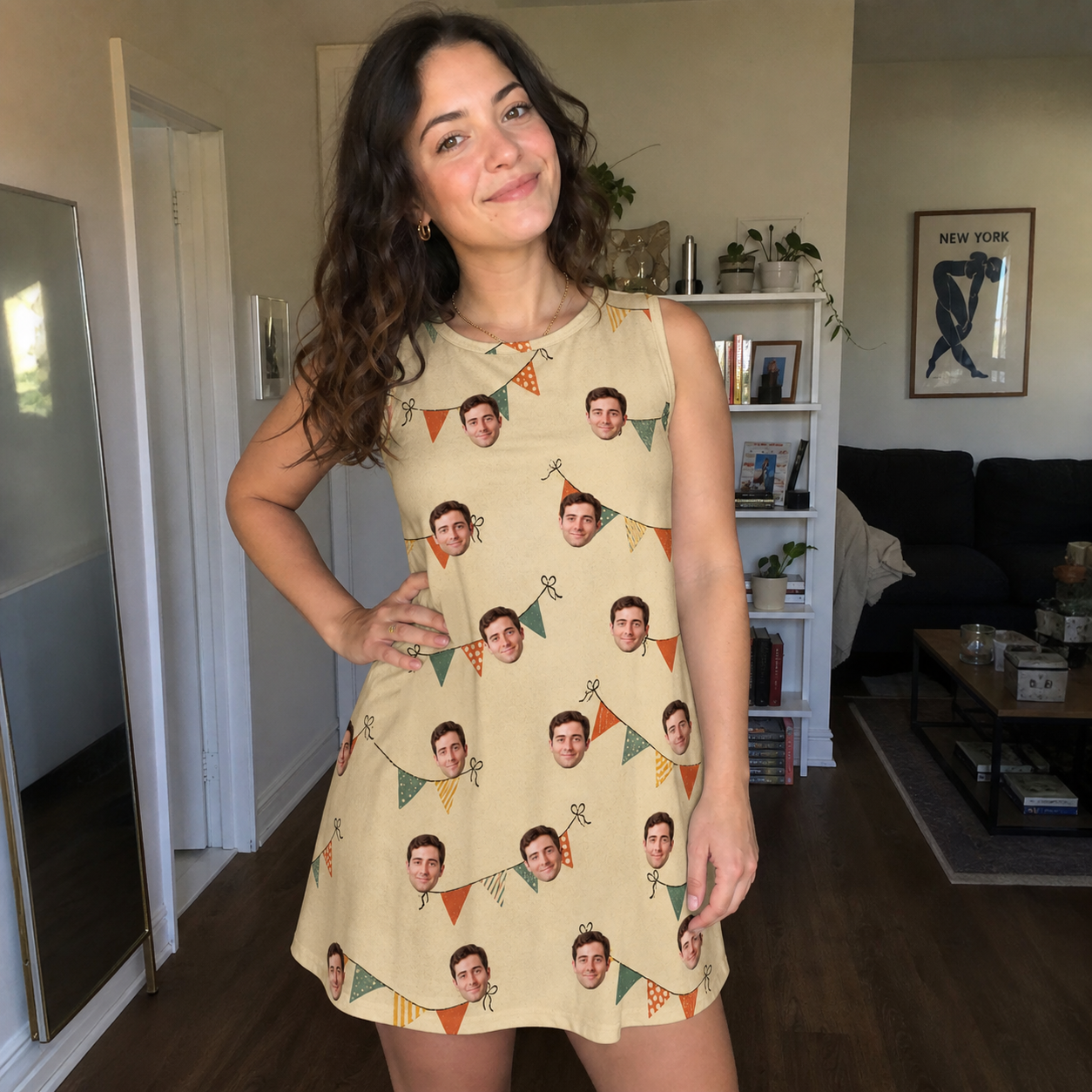 Real-life photo of someone wearing Women's Candle Confetti Custom Face Tank Dress — custom faces printed all-over