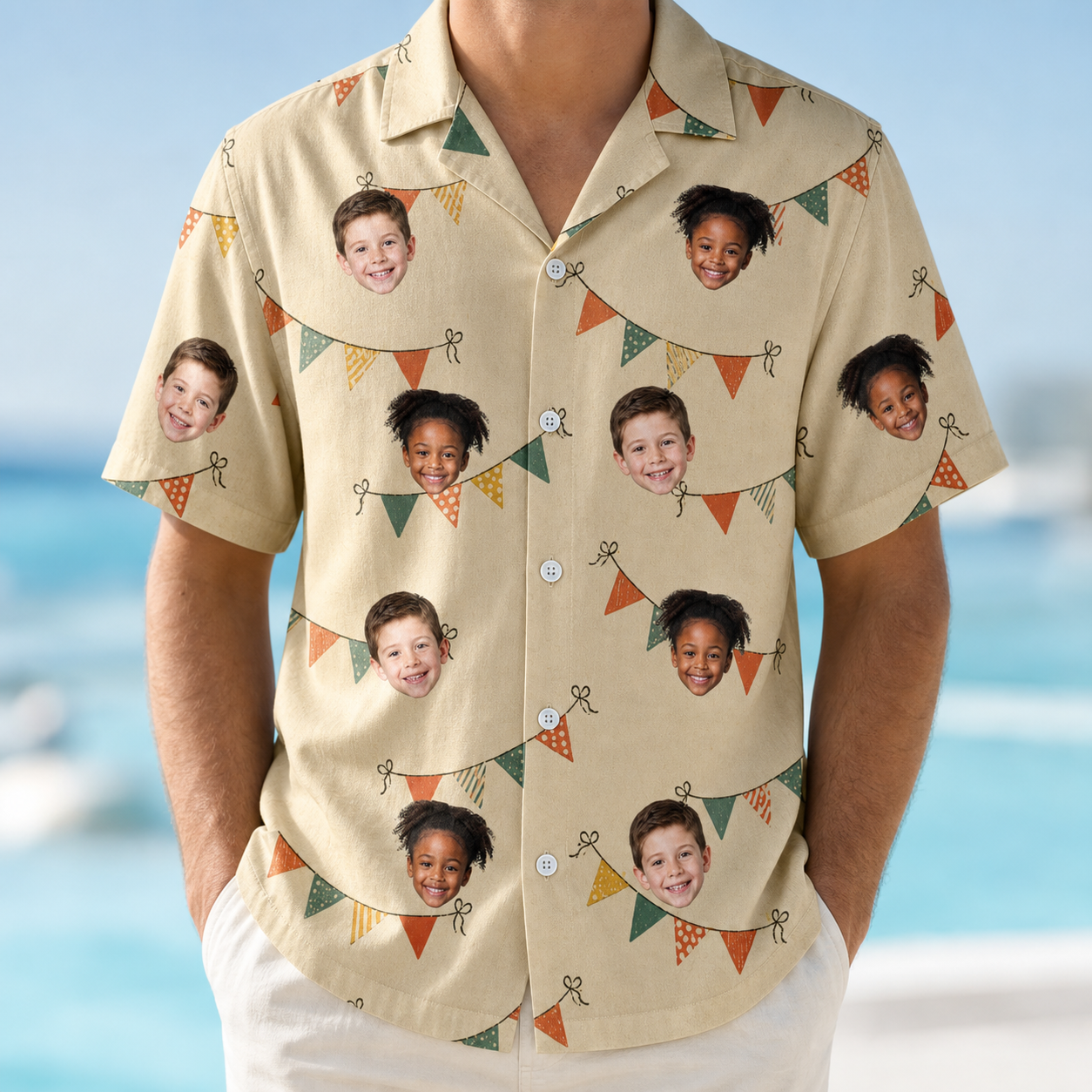 Model wearing Men's Candle Confetti Custom Face Hawaiian Shirt printed with kids' faces