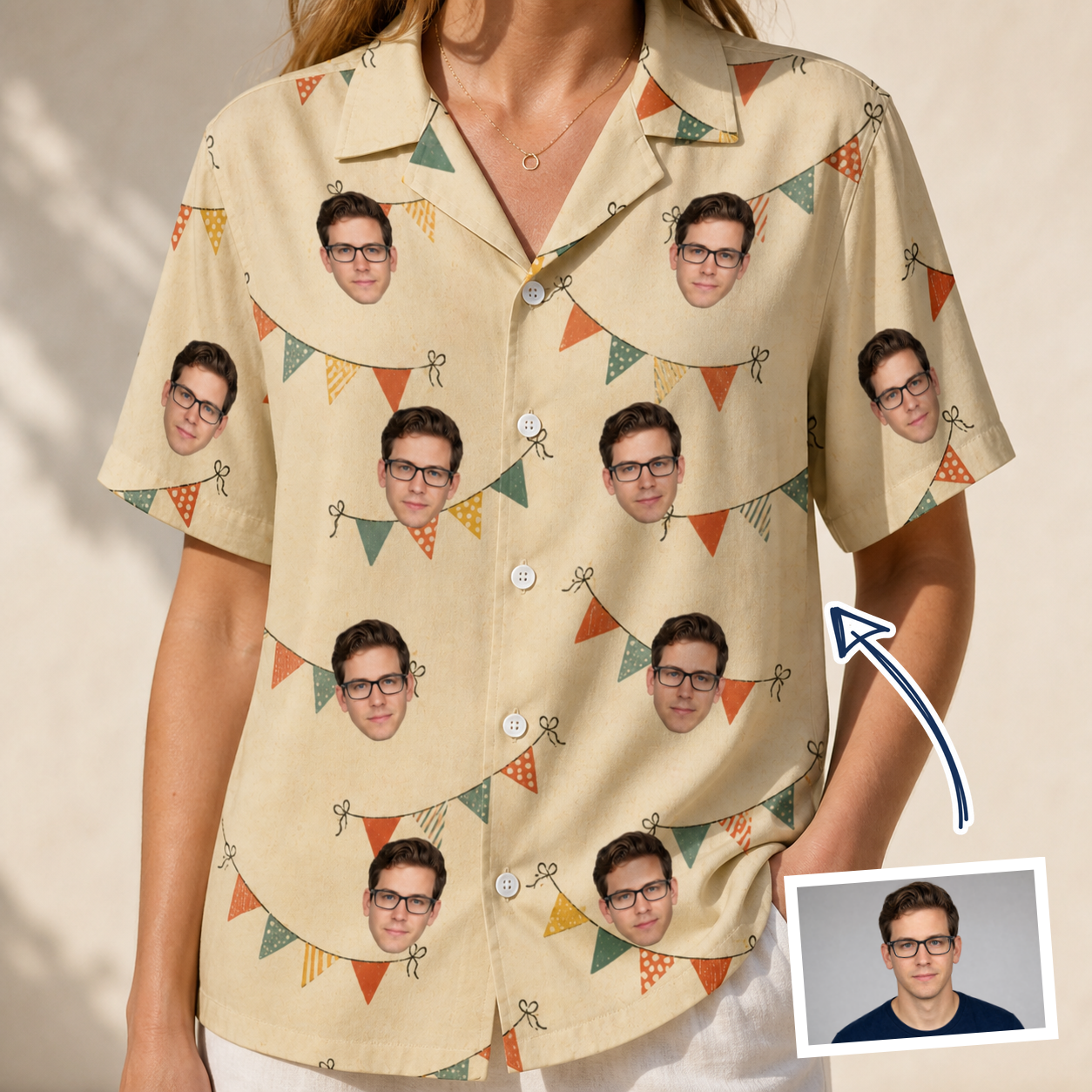 Woman wearing Women's Candle Confetti Custom Face Hawaiian Shirt — custom faces printed all-over
