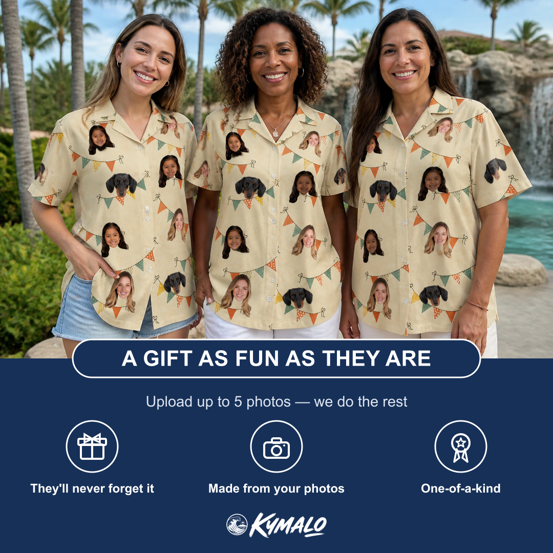 Friends in matching Women's Candle Confetti Custom Face Hawaiian Shirt — a group gift photo