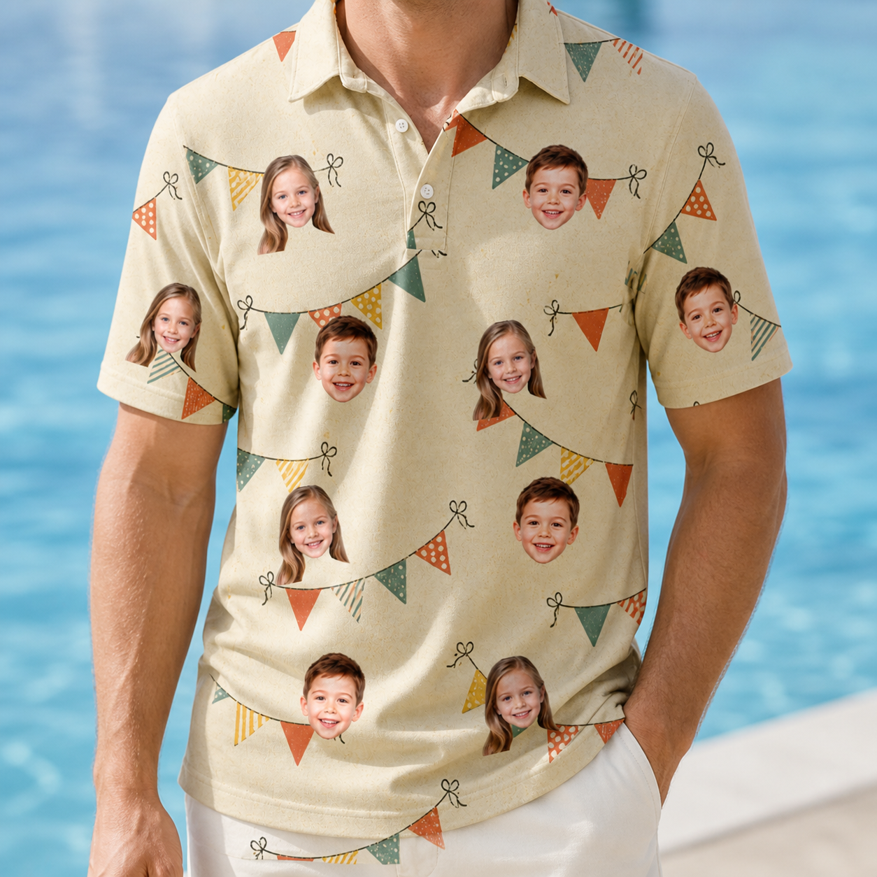Model wearing Men's Candle Confetti Custom Face Polo Shirt printed with kids' faces