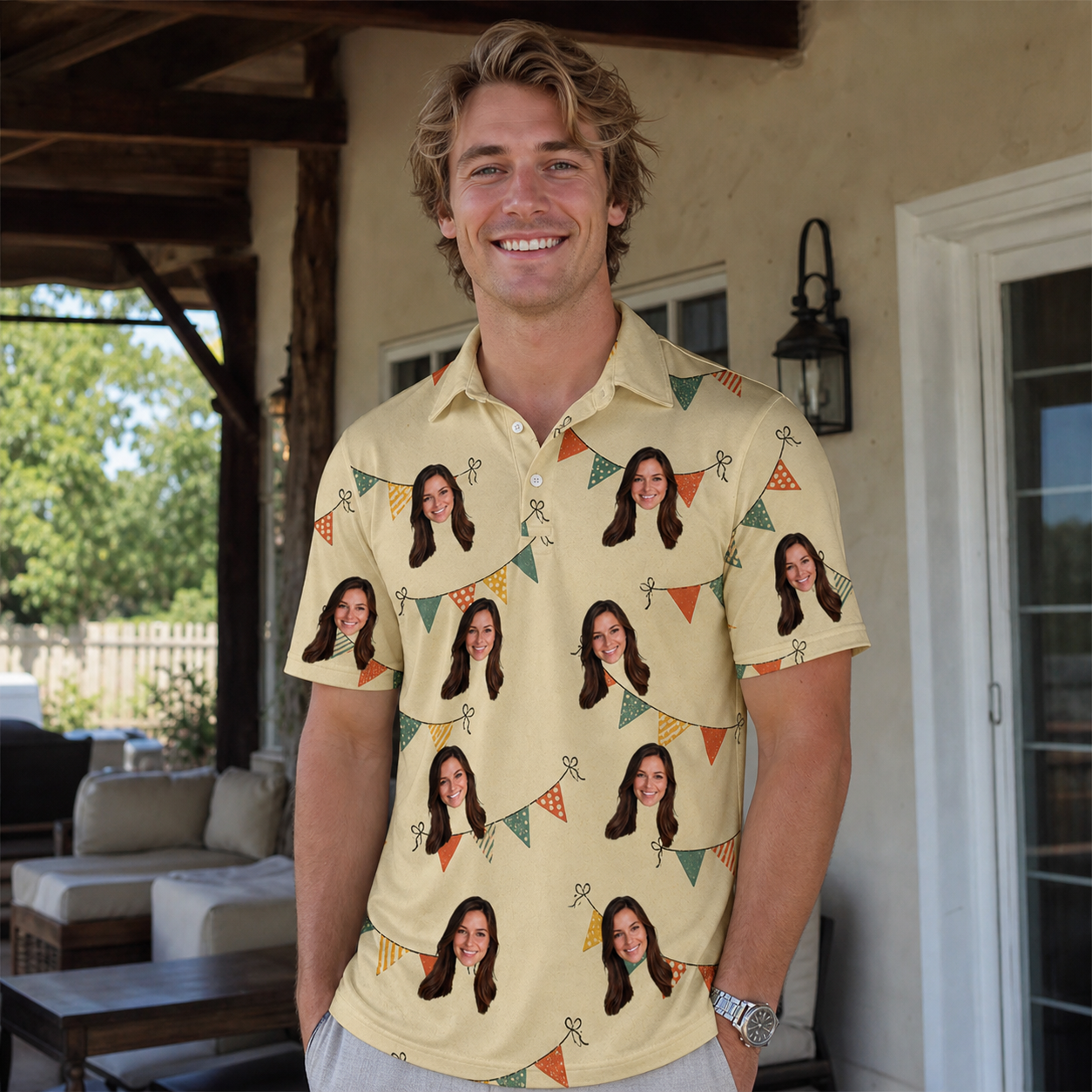 Real-life photo of someone wearing Men's Candle Confetti Custom Face Polo Shirt — custom faces printed all-over