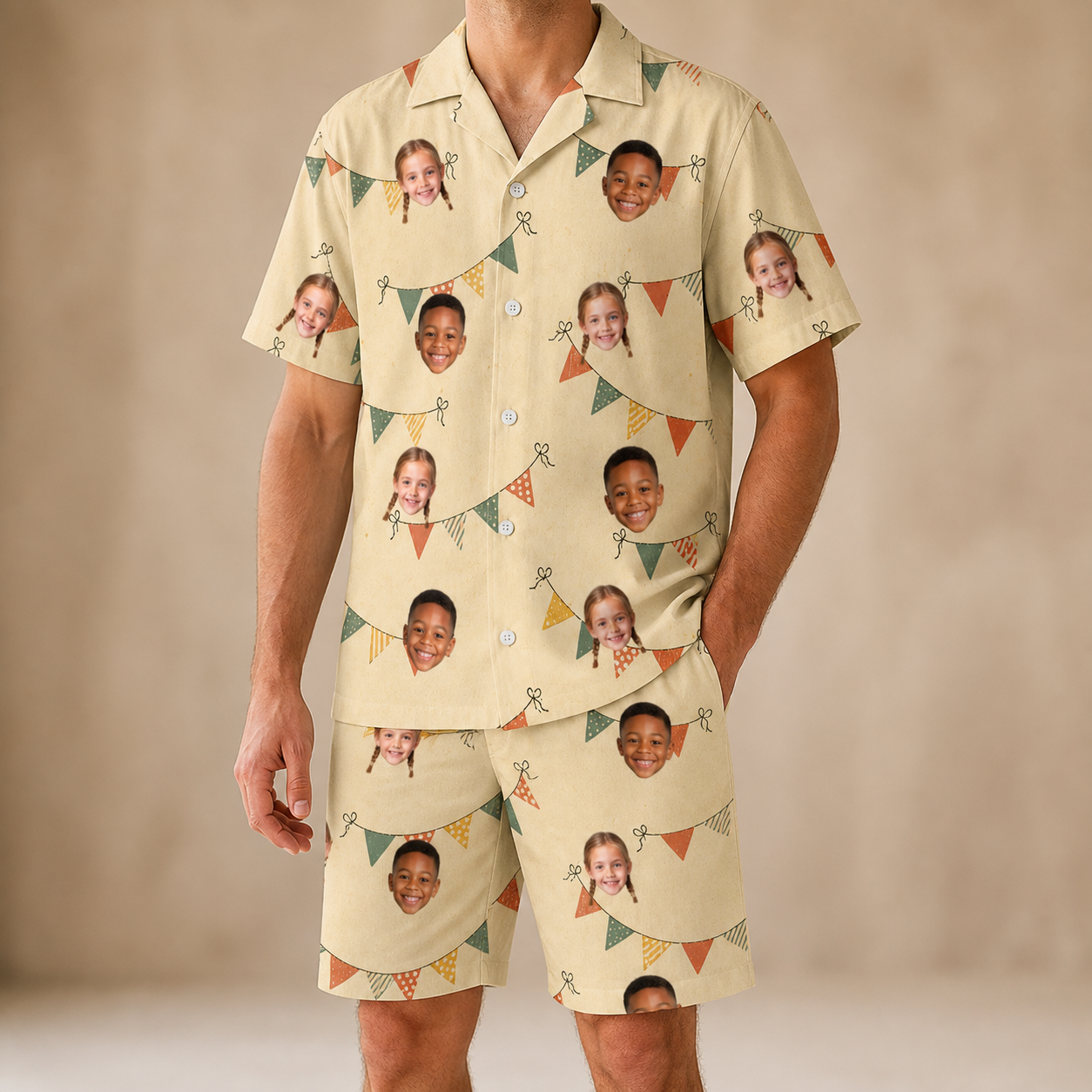 Model wearing Men's Candle Confetti Custom Face Shirt & Shorts Set printed with kids' faces