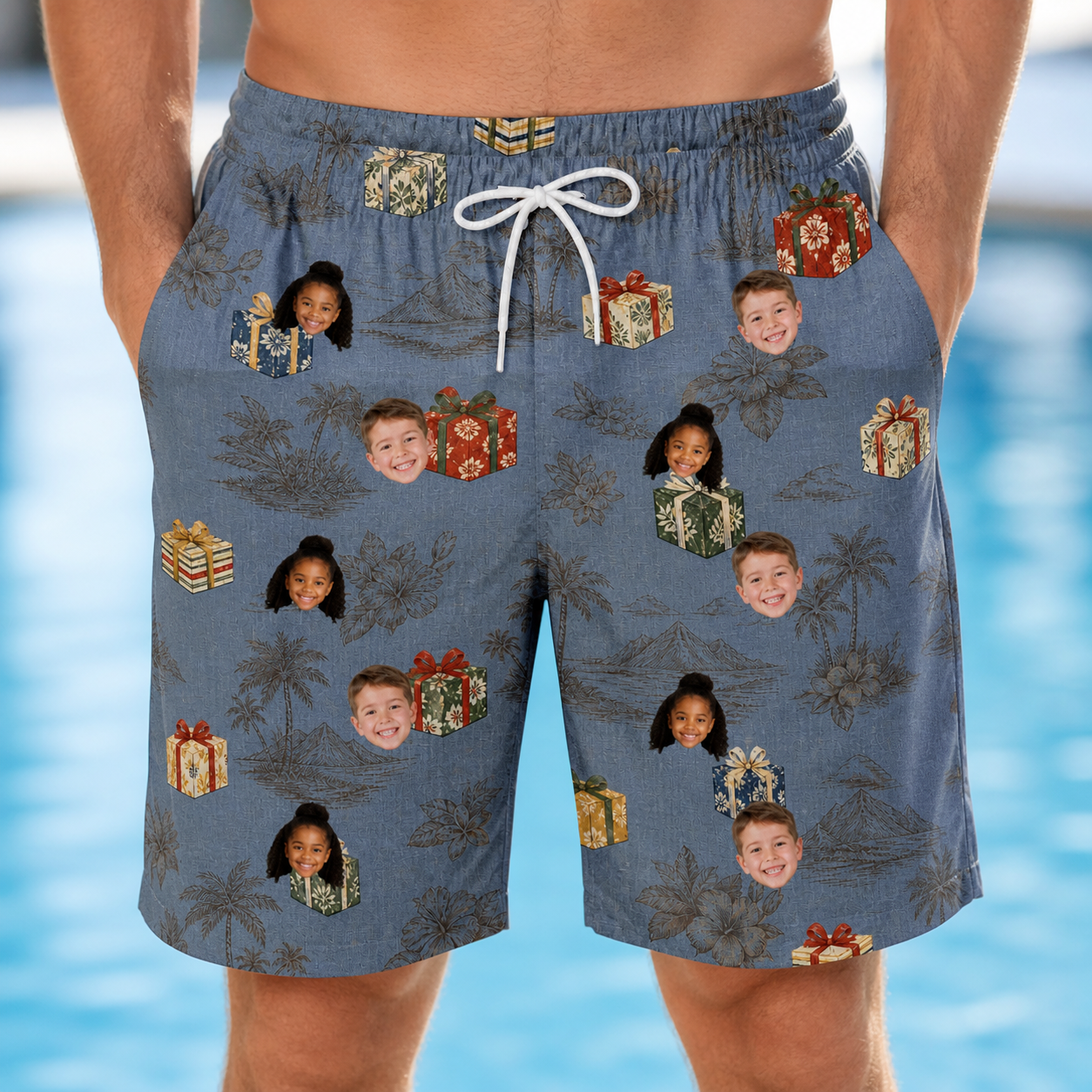 Model wearing Men's Present Party Custom Face Beach Shorts printed with kids' faces