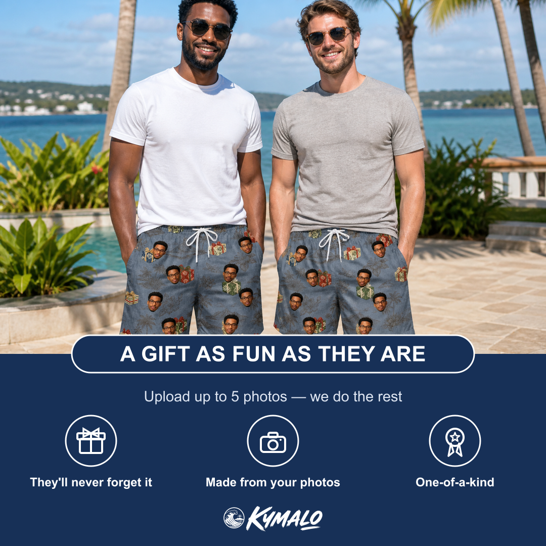 Friends in matching Men's Present Party Custom Face Beach Shorts — a group gift photo