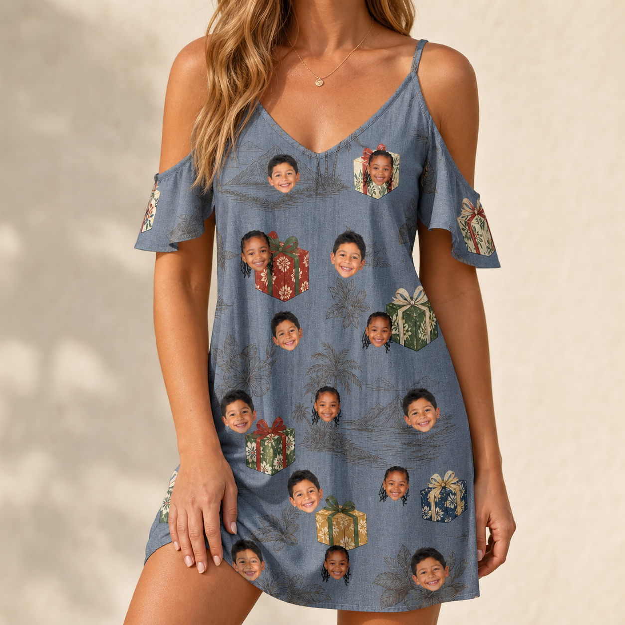 Model wearing Women's Present Party Custom Face Off-Shoulder Dress printed with kids' faces