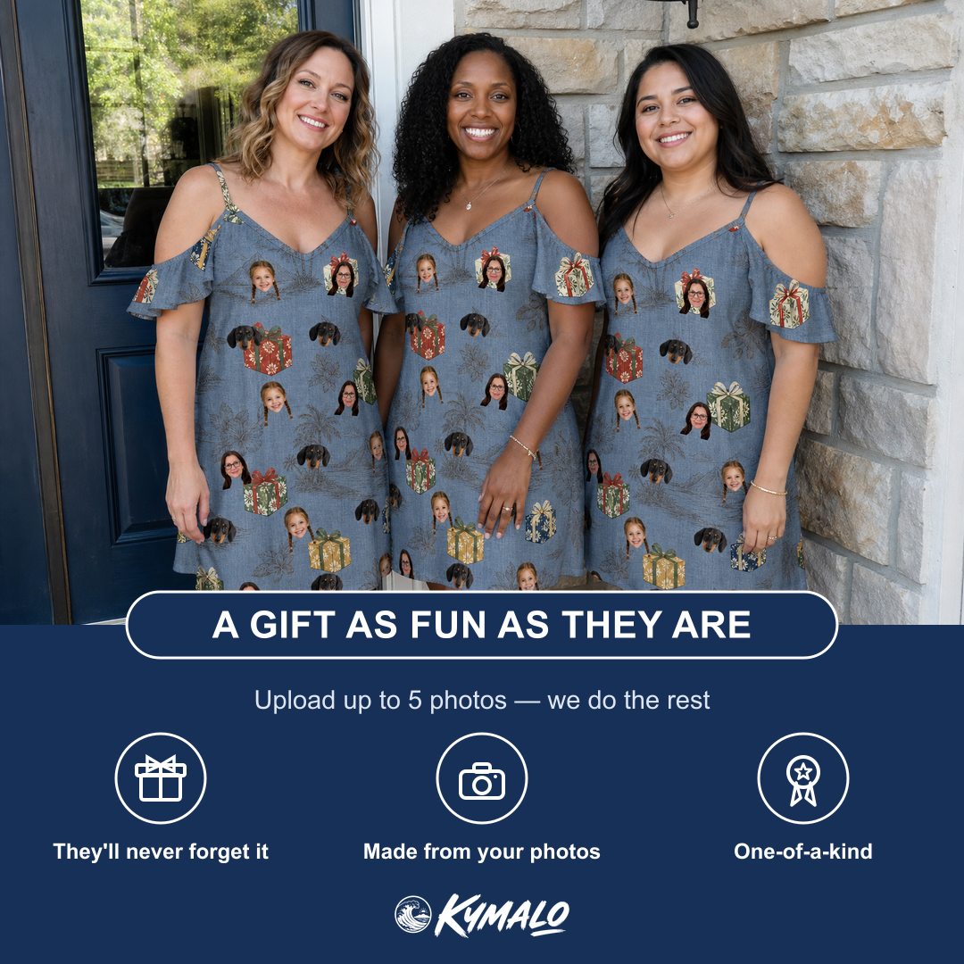 Friends in matching Women's Present Party Custom Face Off-Shoulder Dress — a group gift photo