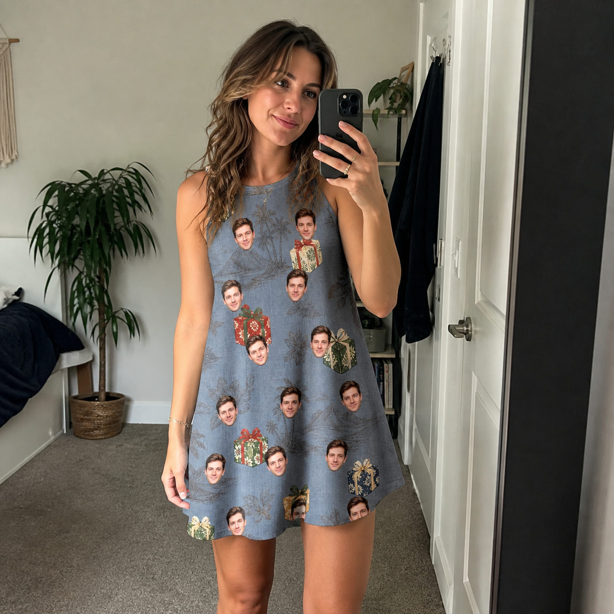 Real-life photo of someone wearing Women's Present Party Custom Face Tank Dress — custom faces printed all-over