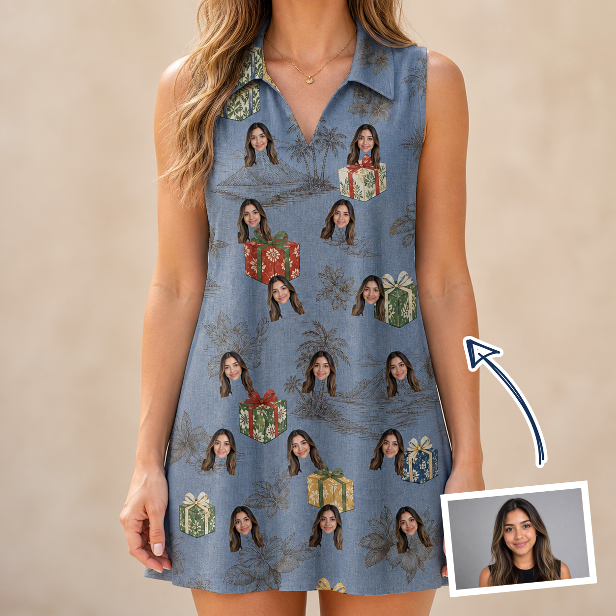 Woman wearing Women's Present Party Custom Face V-Neck Dress — custom faces printed all-over