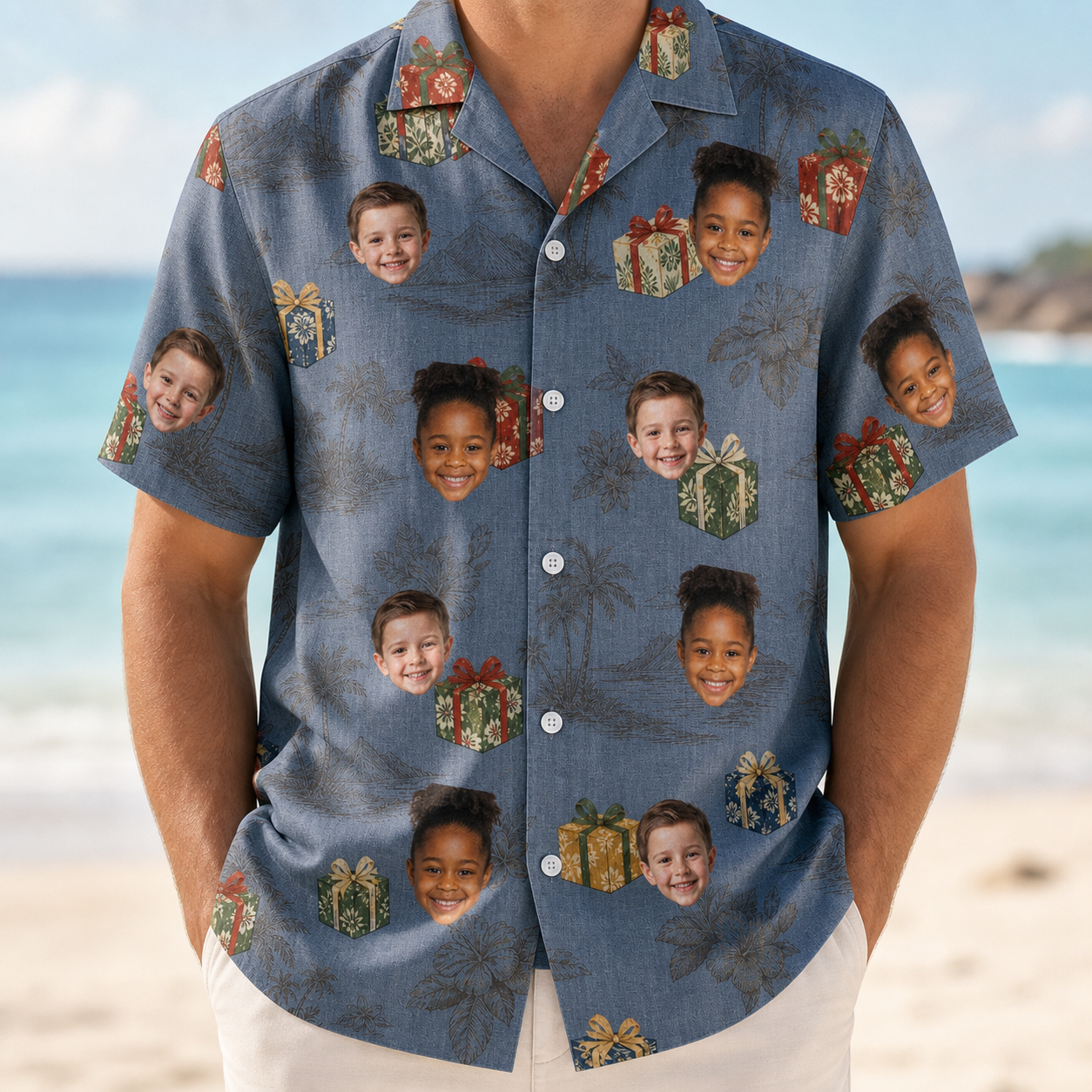 Model wearing Men's Present Party Custom Face Hawaiian Shirt printed with kids' faces