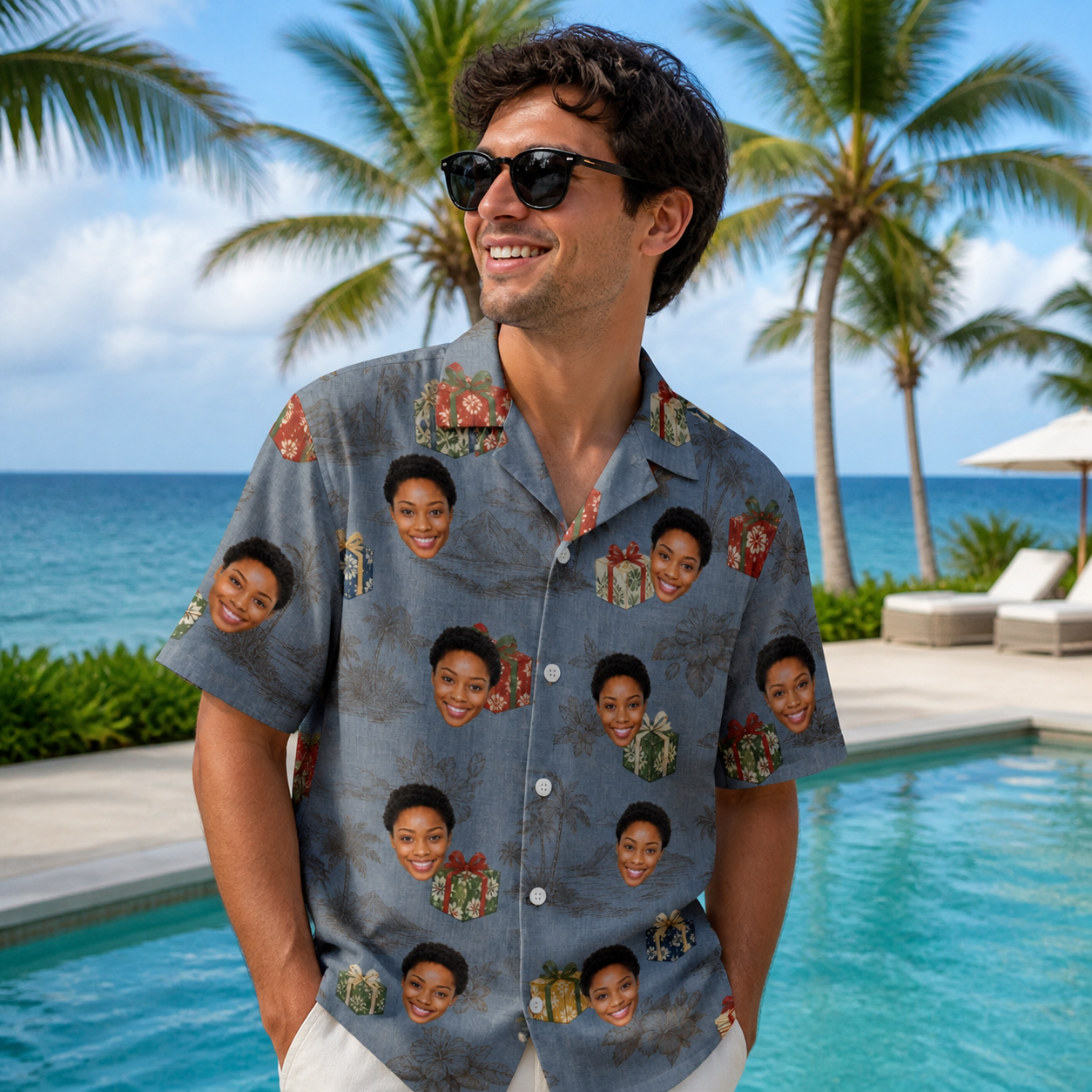 Real-life photo of someone wearing Men's Present Party Custom Face Hawaiian Shirt — custom faces printed all-over