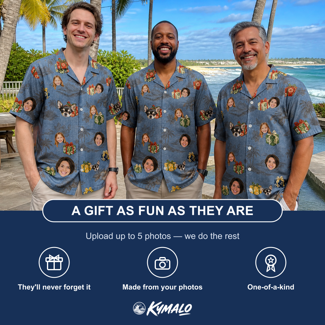 Friends in matching Men's Present Party Custom Face Hawaiian Shirt — a group gift photo