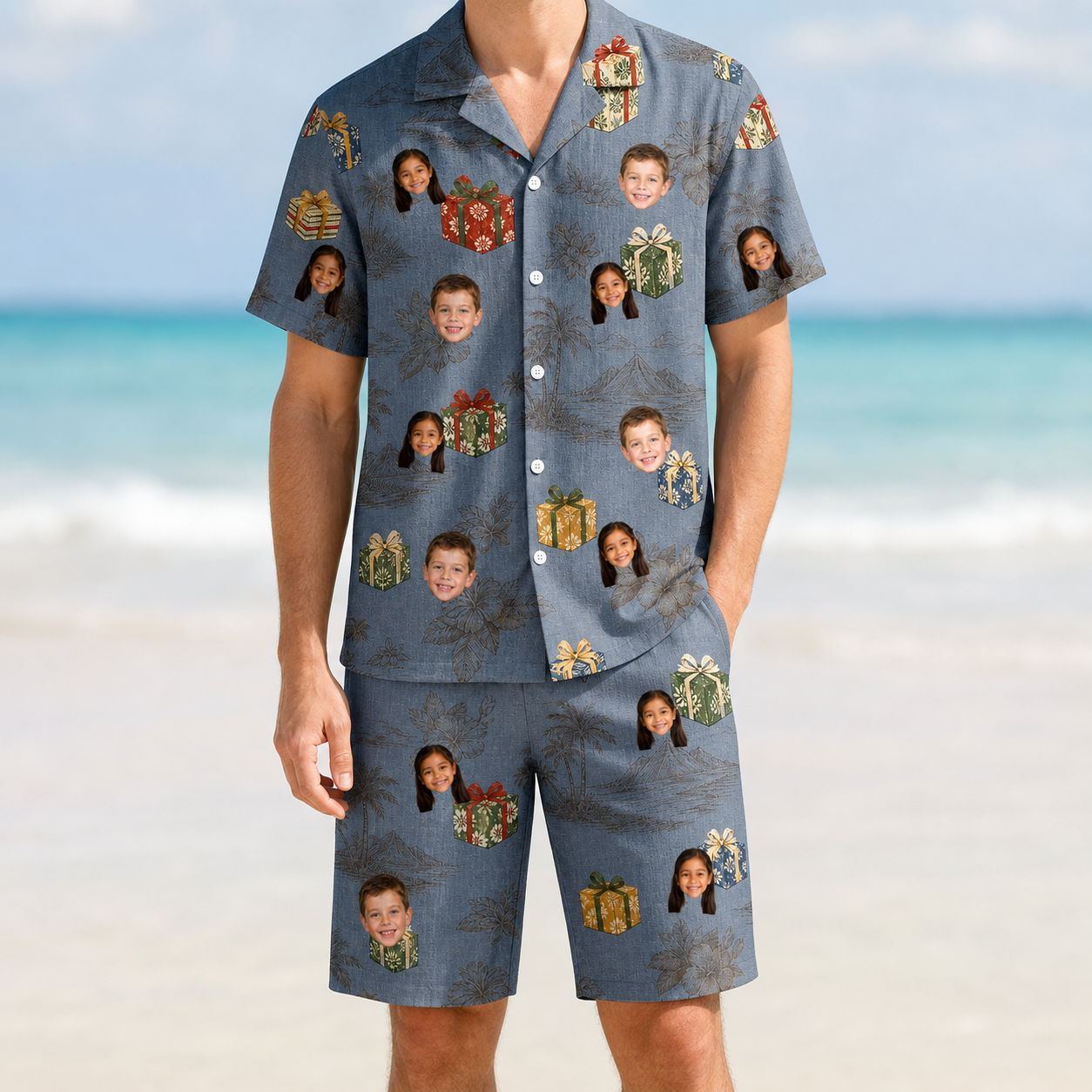 Model wearing Men's Present Party Custom Face Shirt & Shorts Set printed with kids' faces