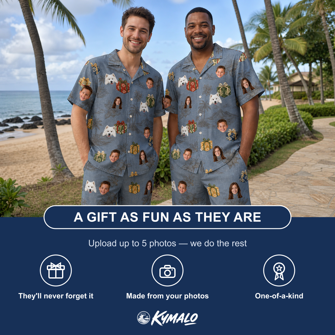 Friends in matching Men's Present Party Custom Face Shirt & Shorts Set — a group gift photo