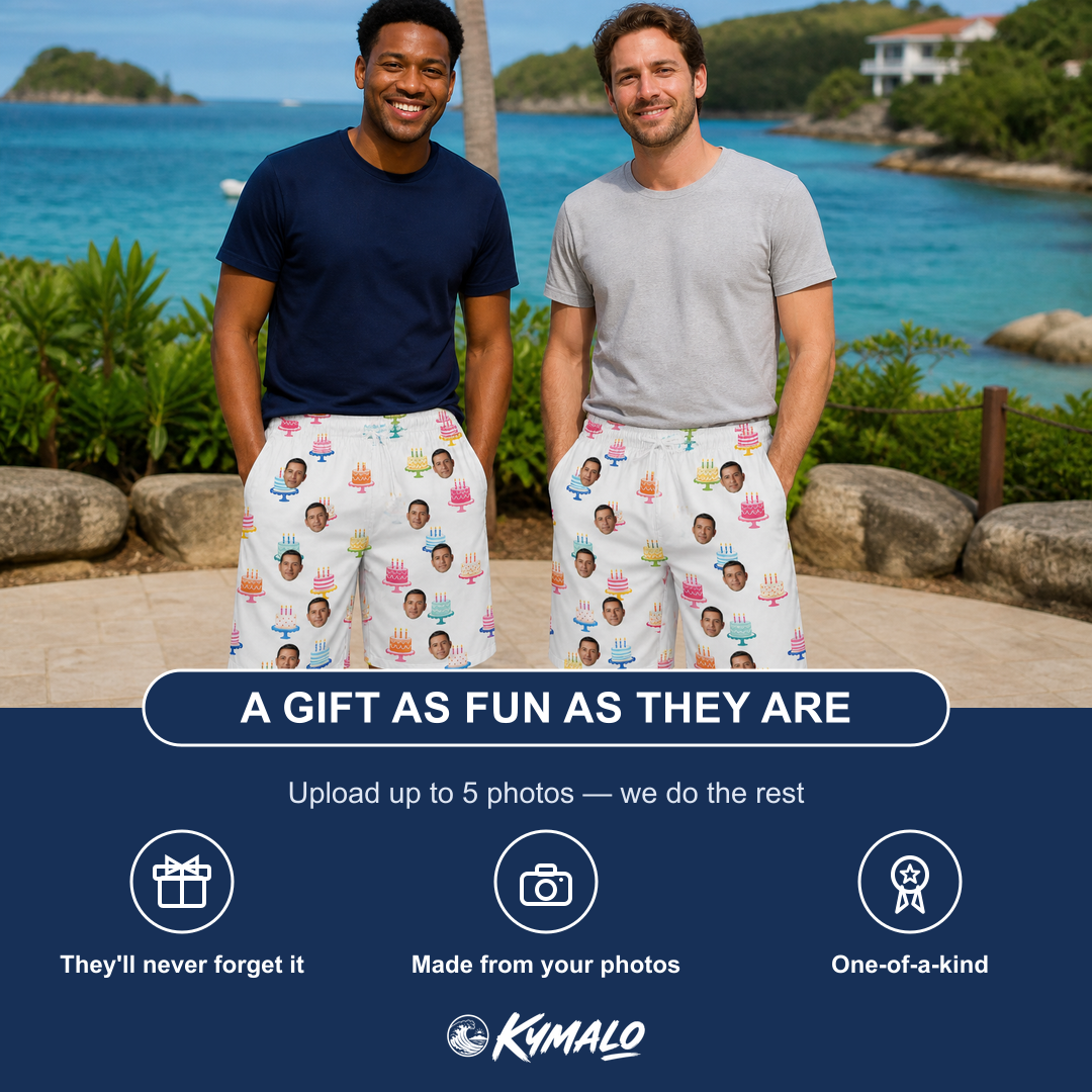 Friends in matching Men's Cake Craze Custom Face Beach Shorts — a group gift photo