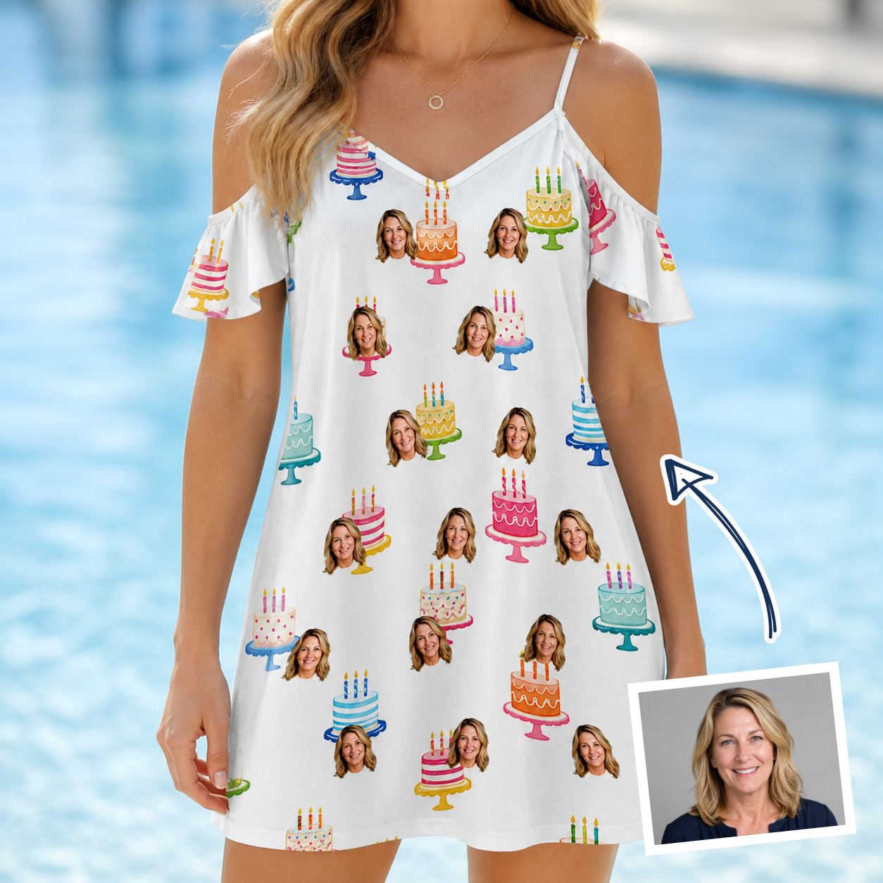 Woman wearing Women's Cake Craze Custom Face Off-Shoulder Dress — custom faces printed all-over