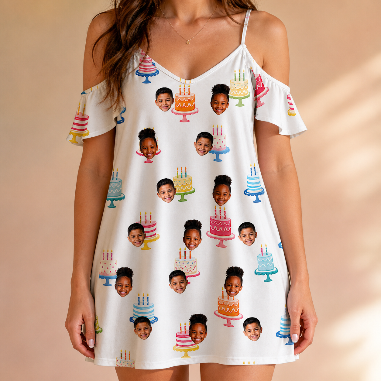 Model wearing Women's Cake Craze Custom Face Off-Shoulder Dress printed with kids' faces