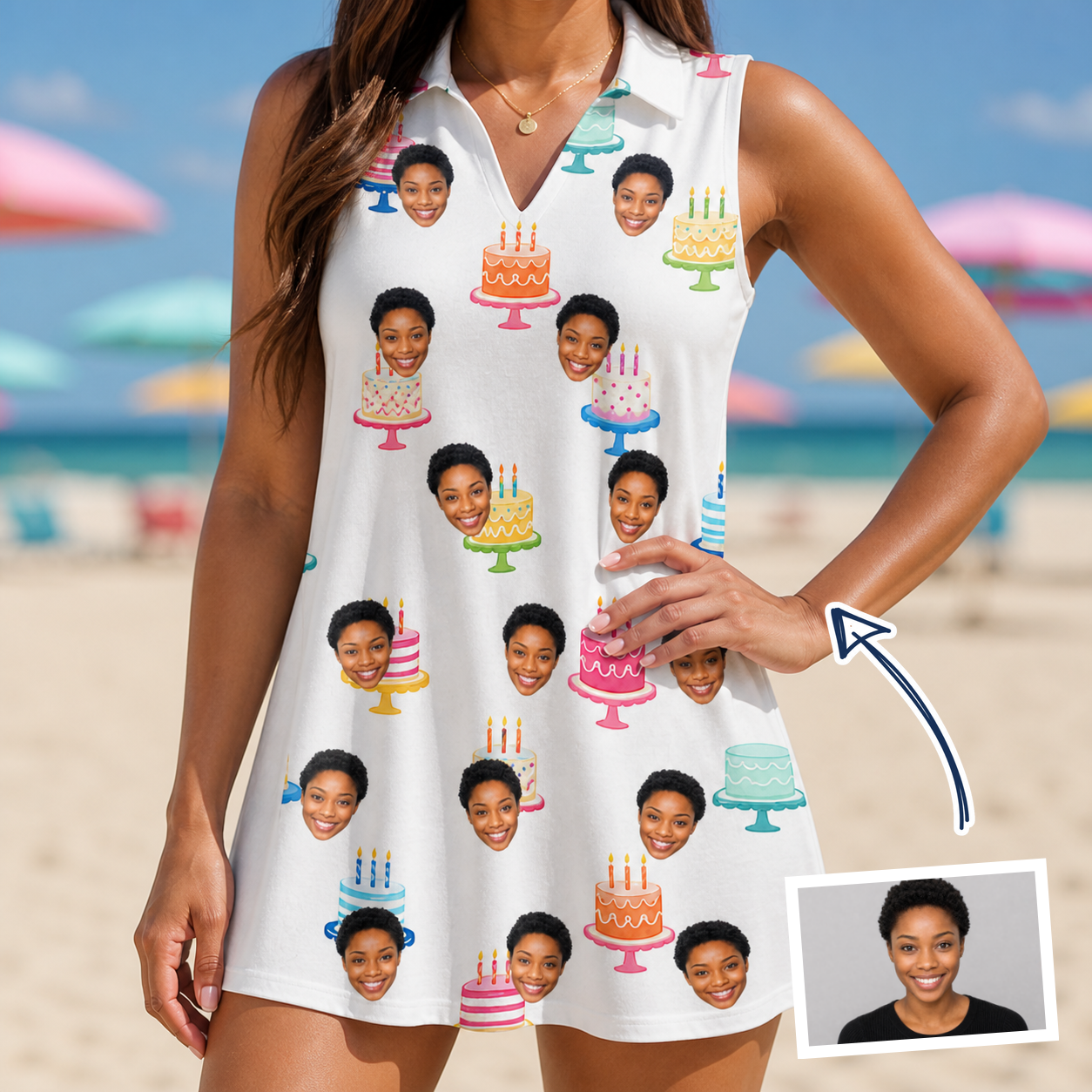 Woman wearing Women's Cake Craze Custom Face V-Neck Dress — custom faces printed all-over