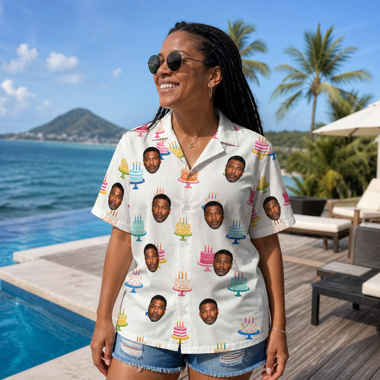 Real-life photo of someone wearing Women's Cake Craze Custom Face Hawaiian Shirt — custom faces printed all-over