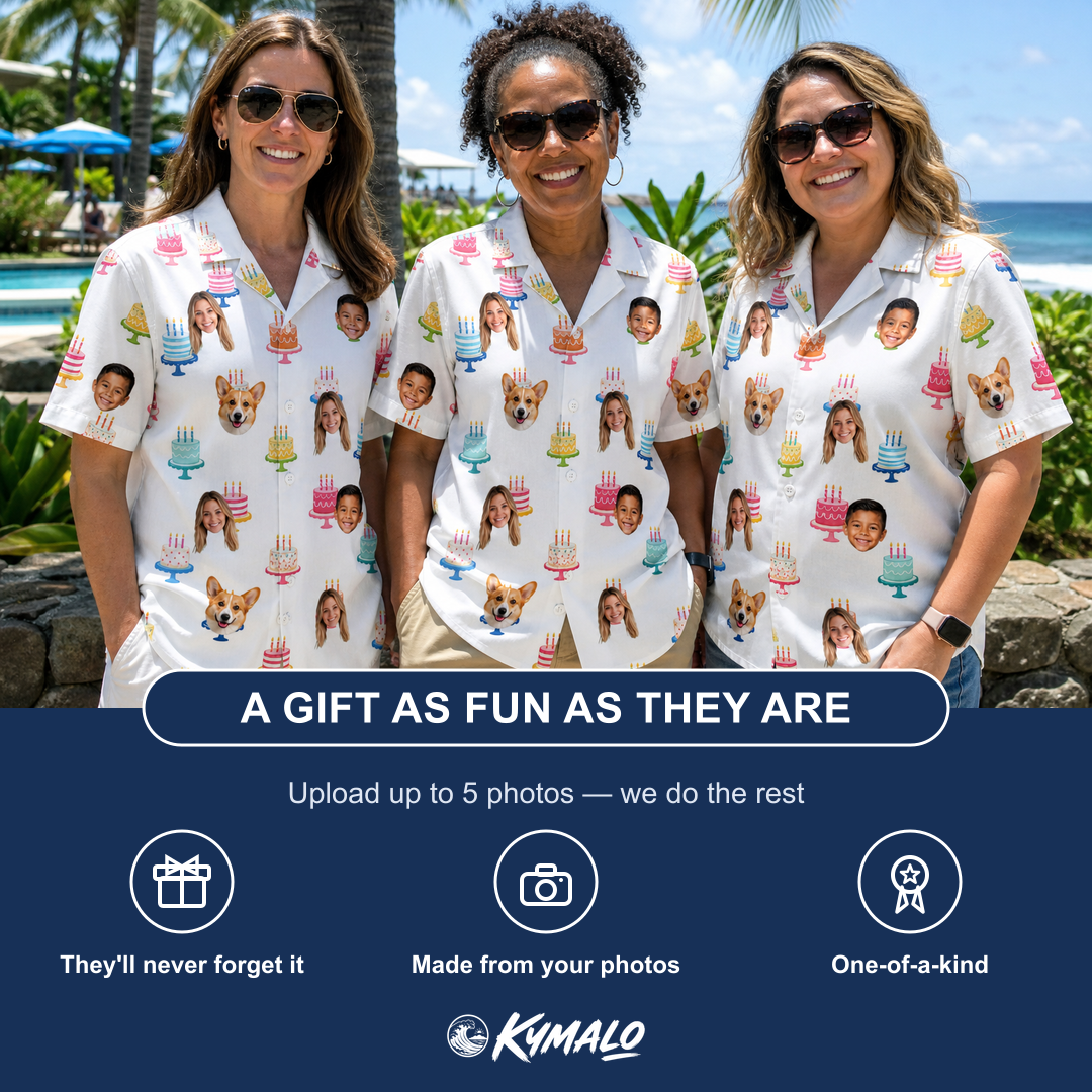 Friends in matching Women's Cake Craze Custom Face Hawaiian Shirt — a group gift photo