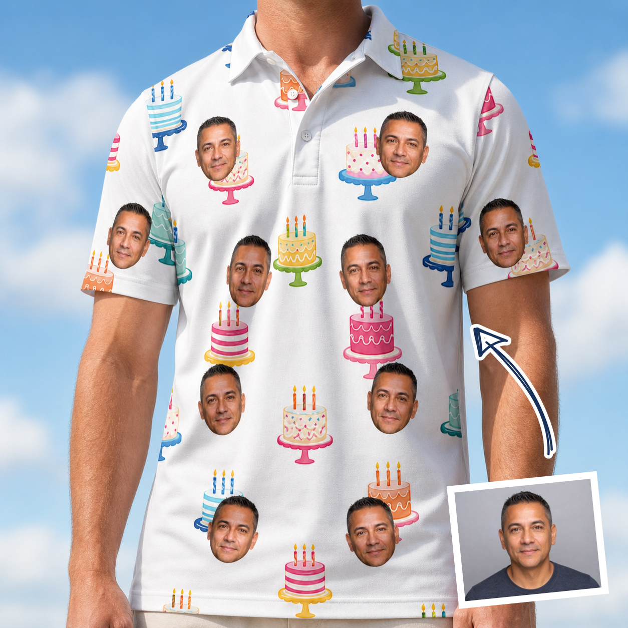 Man wearing Men's Cake Craze Custom Face Polo Shirt — custom faces printed all-over