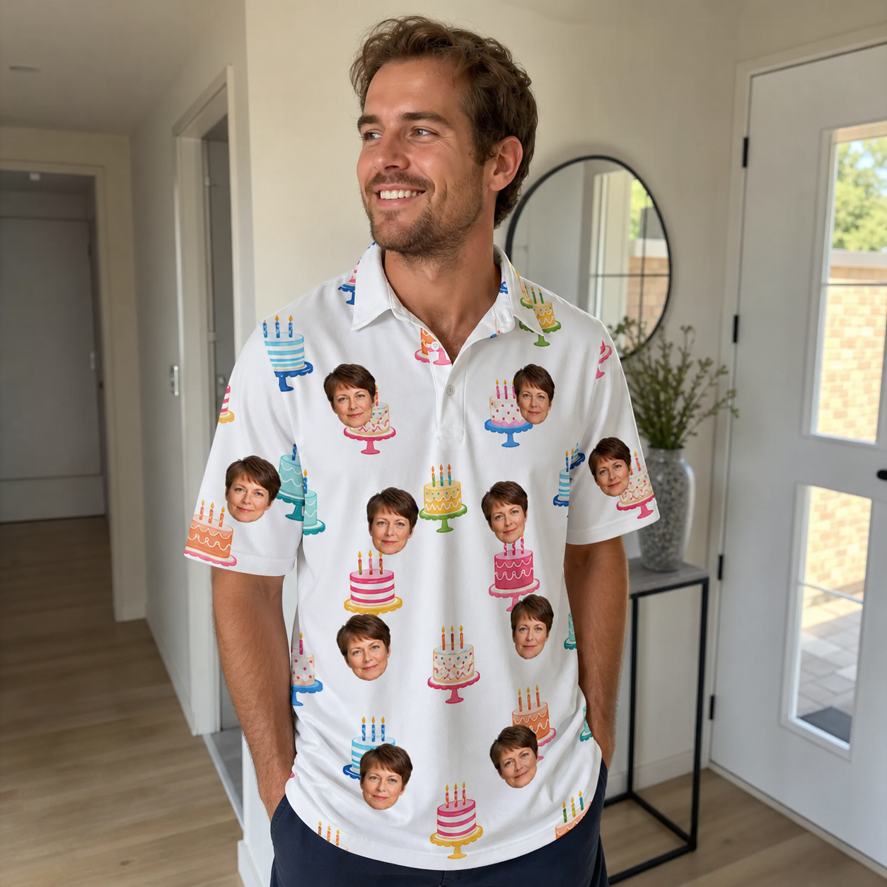Real-life photo of someone wearing Men's Cake Craze Custom Face Polo Shirt — custom faces printed all-over