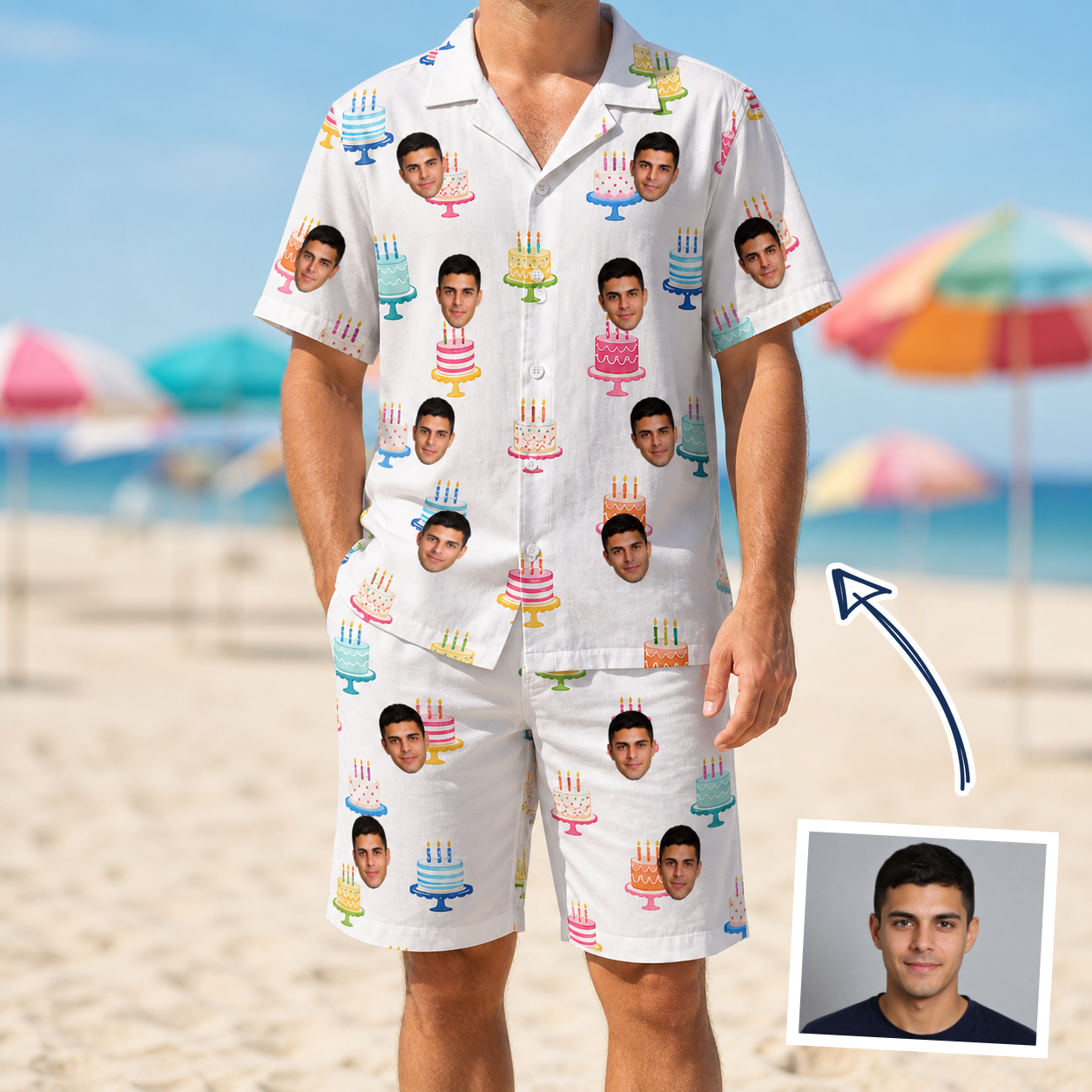 Man wearing Men's Cake Craze Custom Face Shirt & Shorts Set — custom faces printed all-over