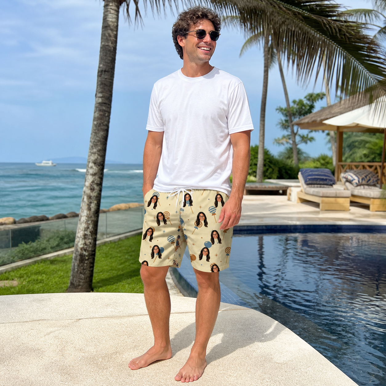 Real-life photo of someone wearing Men's Sugar Spin Custom Face Beach Shorts — custom faces printed all-over