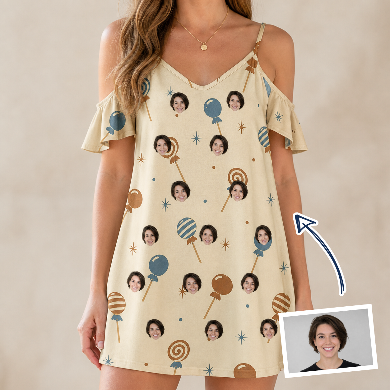 Woman wearing Women's Sugar Spin Custom Face Off-Shoulder Dress — custom faces printed all-over