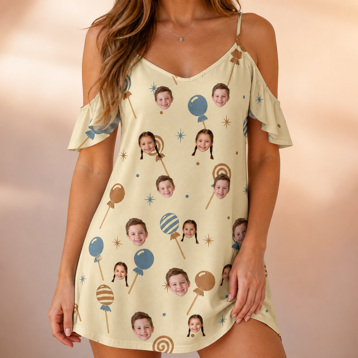 Model wearing Women's Sugar Spin Custom Face Off-Shoulder Dress printed with kids' faces