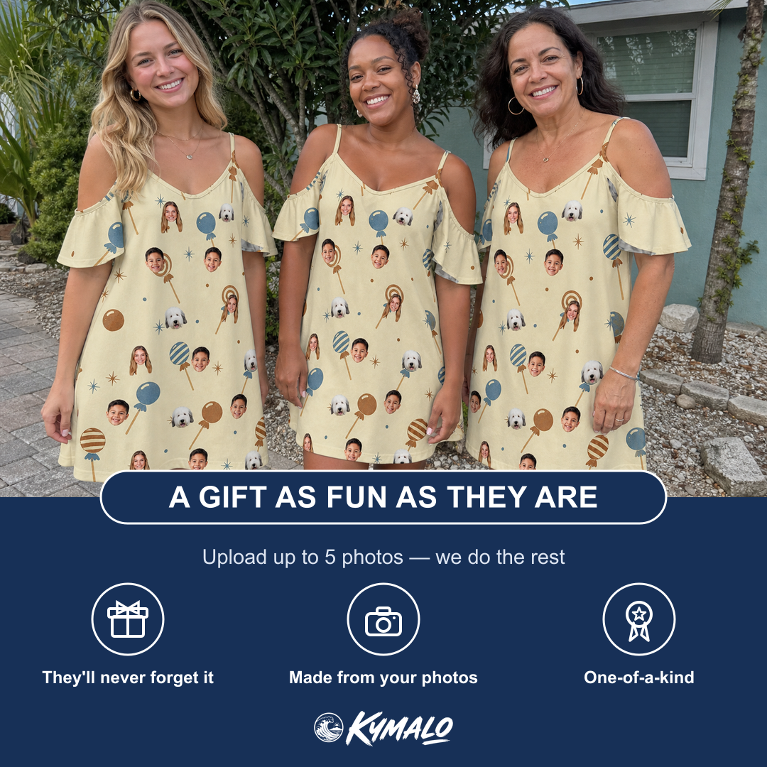 Friends in matching Women's Sugar Spin Custom Face Off-Shoulder Dress — a group gift photo