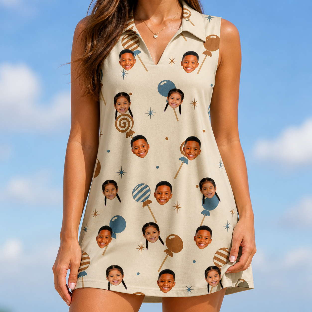 Model wearing Women's Sugar Spin Custom Face V-Neck Dress printed with kids' faces