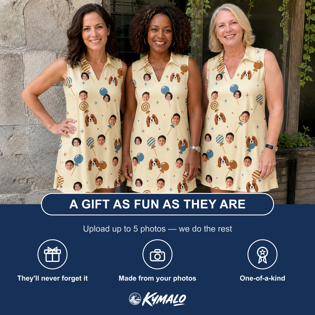 Friends in matching Women's Sugar Spin Custom Face V-Neck Dress — a group gift photo