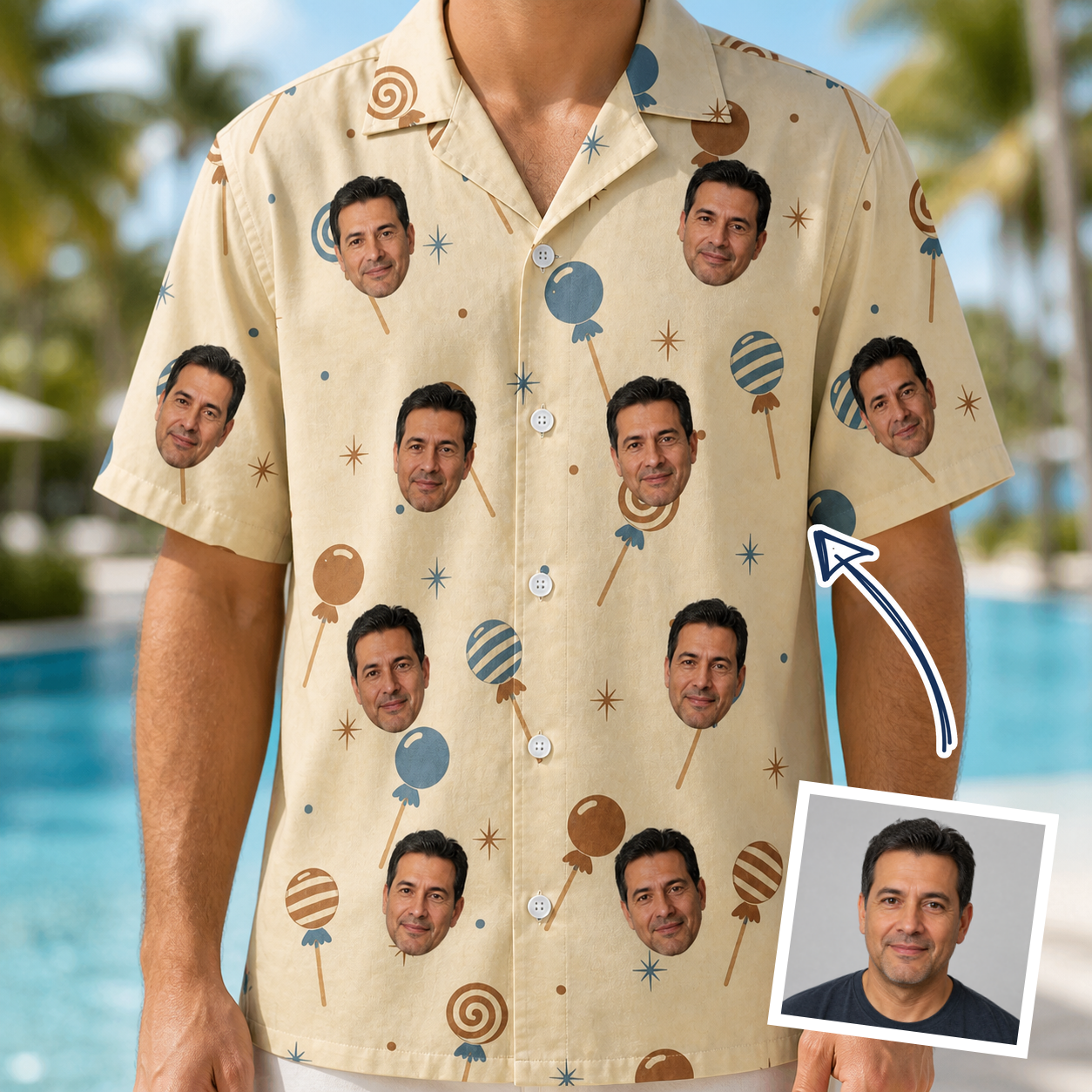 Man wearing Men's Sugar Spin Custom Face Hawaiian Shirt — custom faces printed all-over