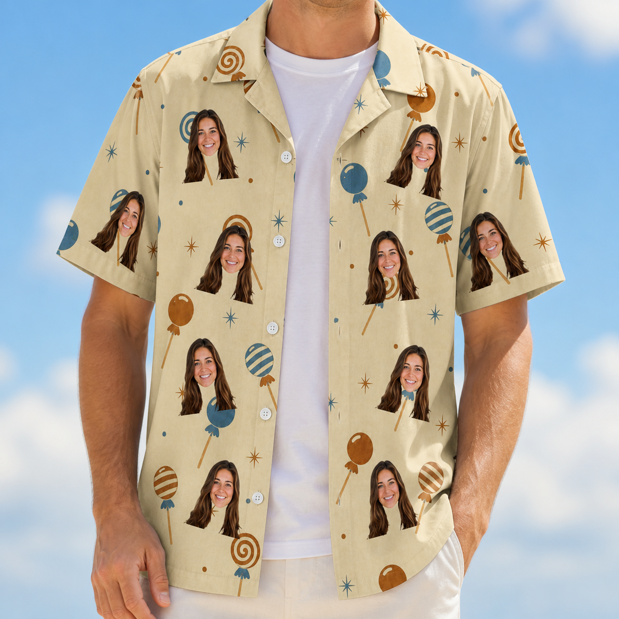 Man wearing Men's Sugar Spin Custom Face Hawaiian Shirt open over a white tee