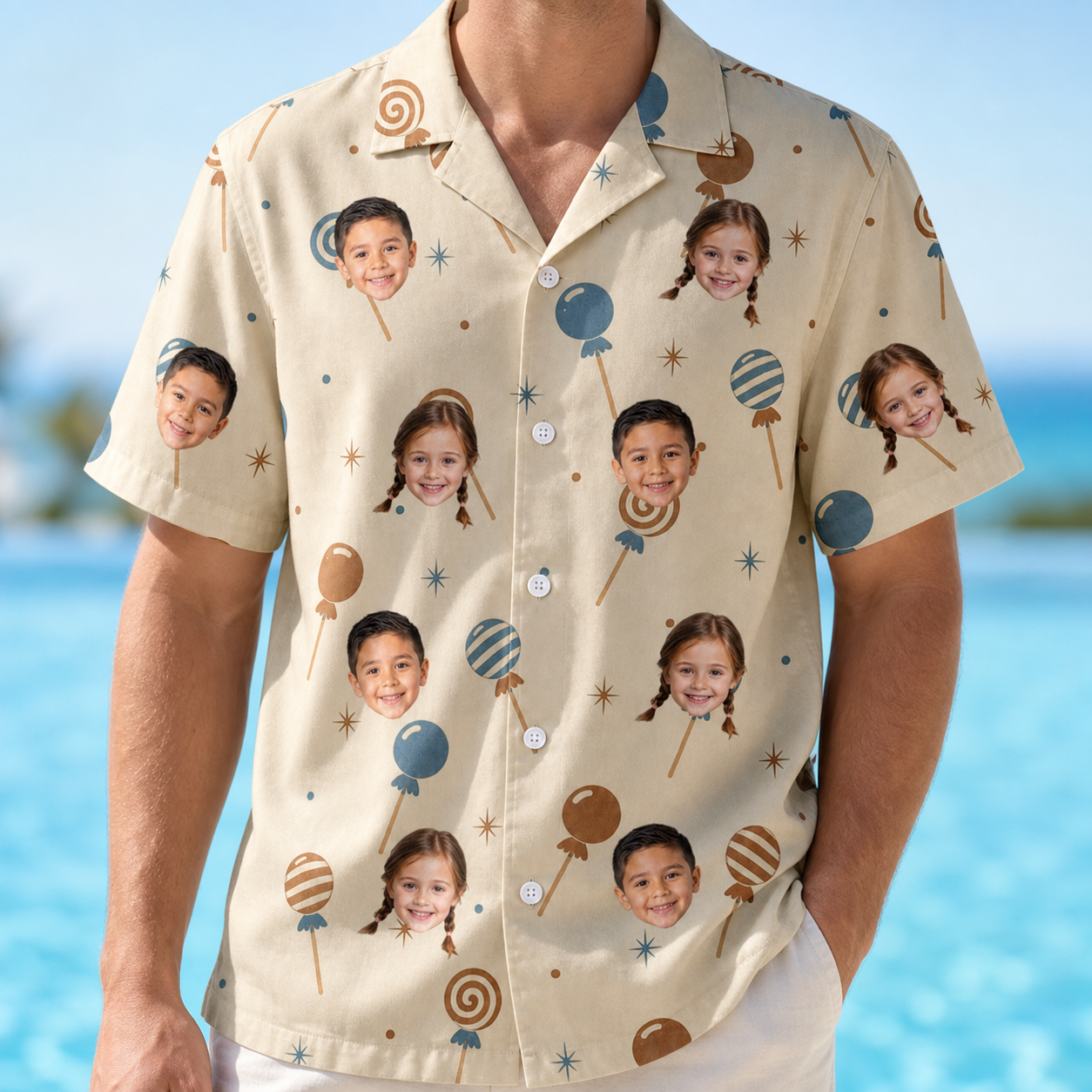 Model wearing Men's Sugar Spin Custom Face Hawaiian Shirt printed with kids' faces