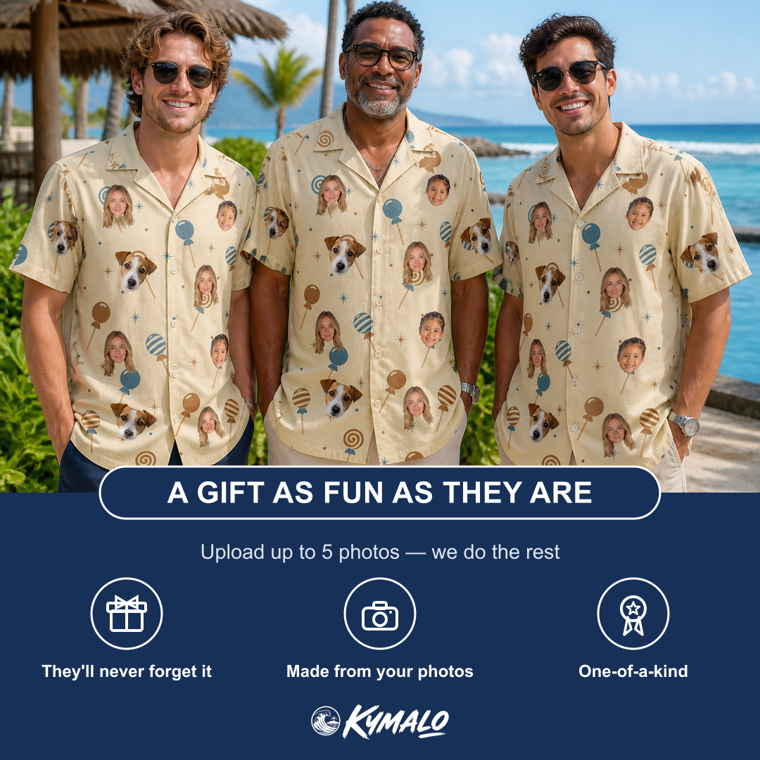 Friends in matching Men's Sugar Spin Custom Face Hawaiian Shirt — a group gift photo