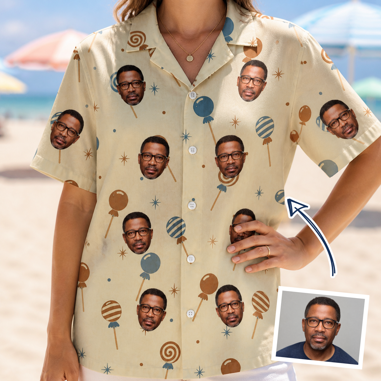 Woman wearing Women's Sugar Spin Custom Face Hawaiian Shirt — custom faces printed all-over