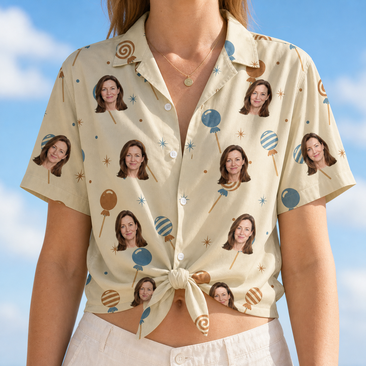 Woman wearing Women's Sugar Spin Custom Face Hawaiian Shirt tied at the waist