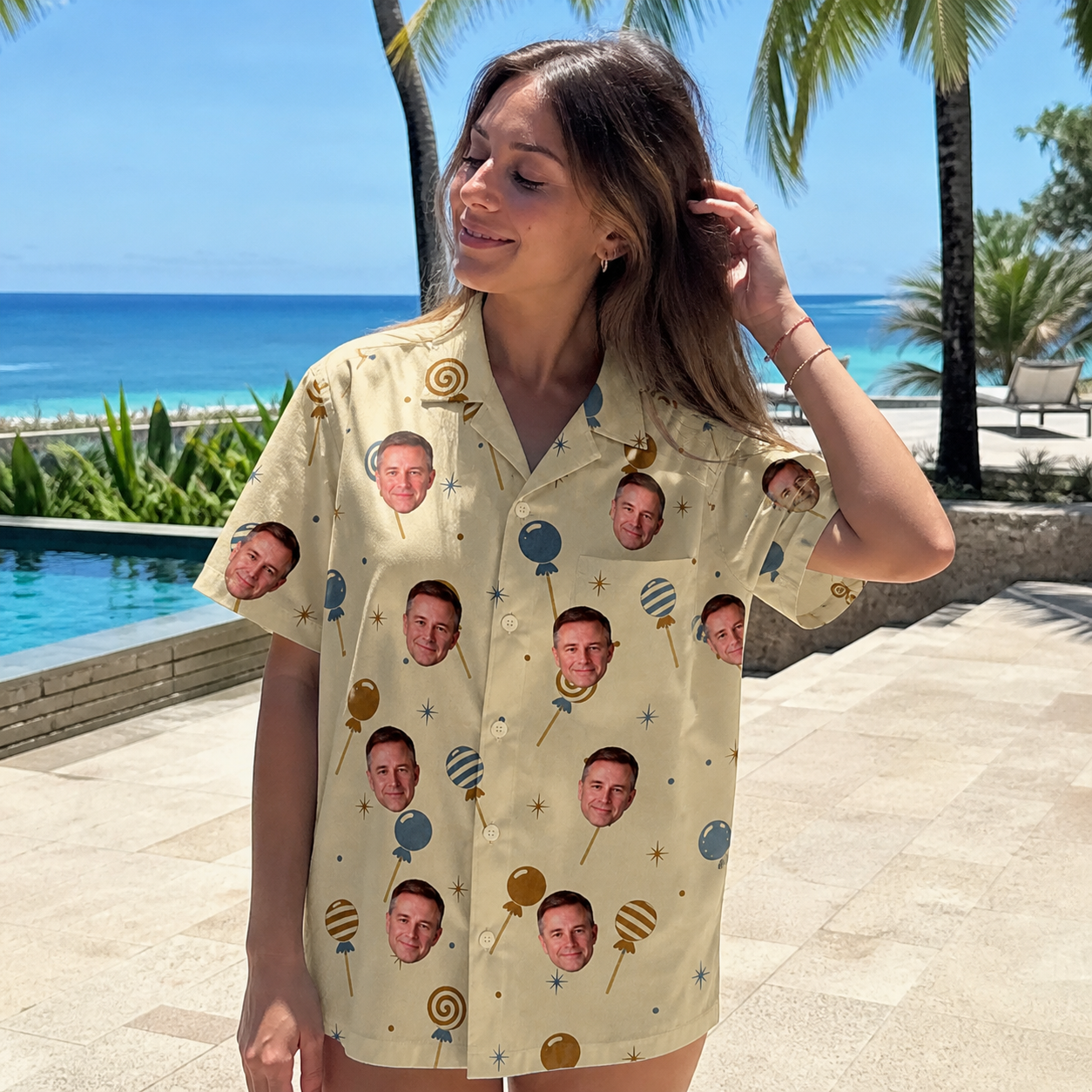 Real-life photo of someone wearing Women's Sugar Spin Custom Face Hawaiian Shirt — custom faces printed all-over
