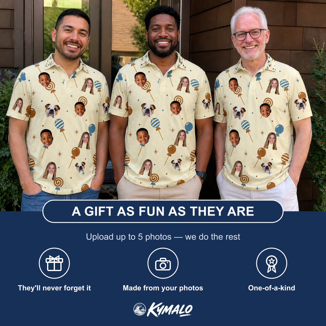 Friends in matching Men's Sugar Spin Custom Face Polo Shirt — a group gift photo