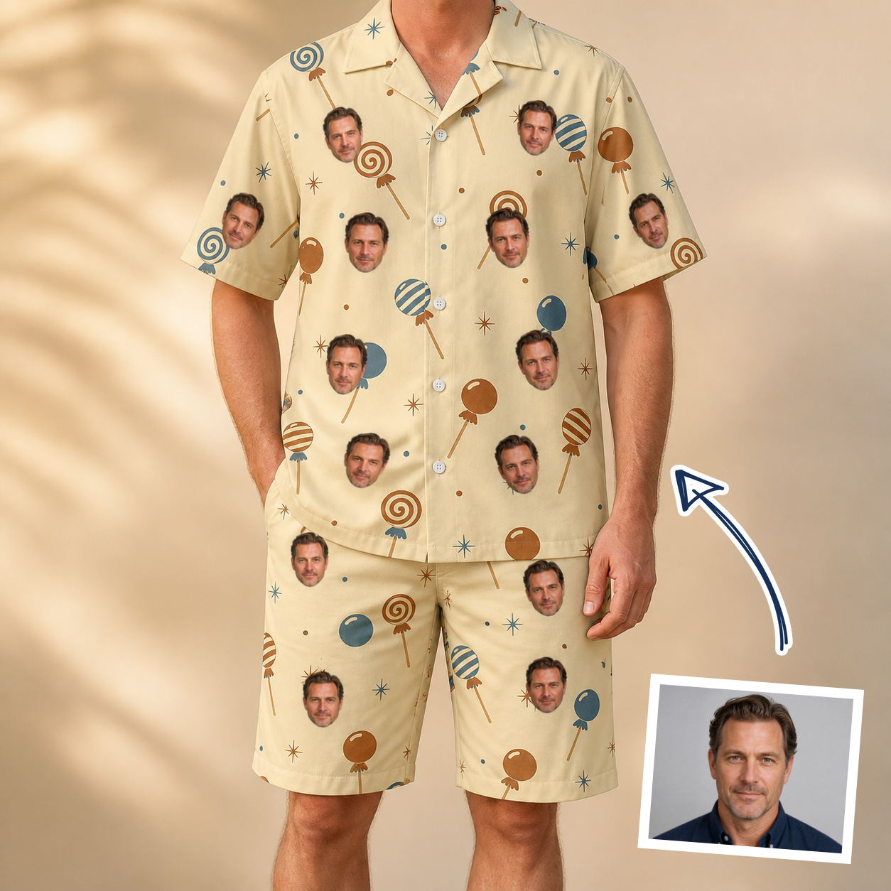 Man wearing Men's Sugar Spin Custom Face Shirt & Shorts Set — custom faces printed all-over